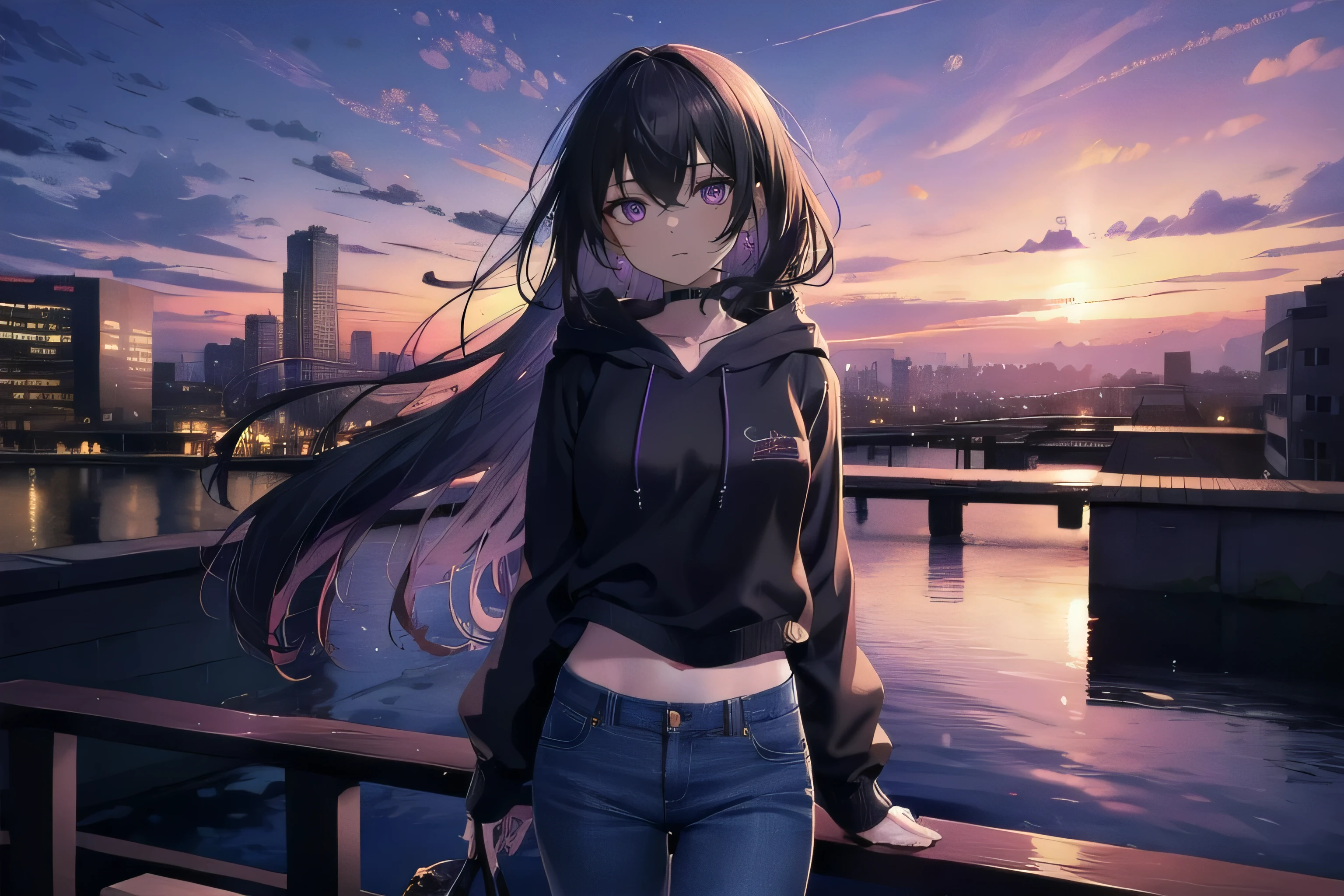 (masterpiece), (best quality), ultra detailed, finely detailed color, cenematic painting, bishoujo, model, ((one lady)), 20 years old, cute face, black hair, absurdly long hair, straight hair, (violet eyes:1.2), purple eyes, walking, chocker, ((black hoodie)), long jeans, inexpressive, slender body, small chest, urban, rooftop, city, sunset
