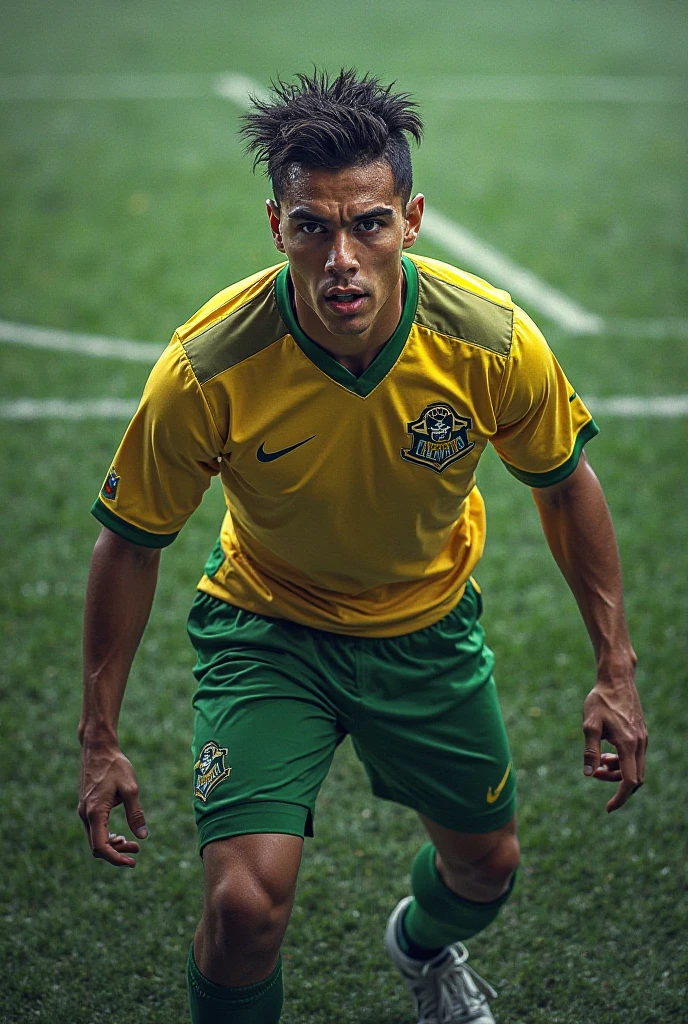 Image of the face of a football player wearing a green shirt with a face similar to Ronaldo and Messi