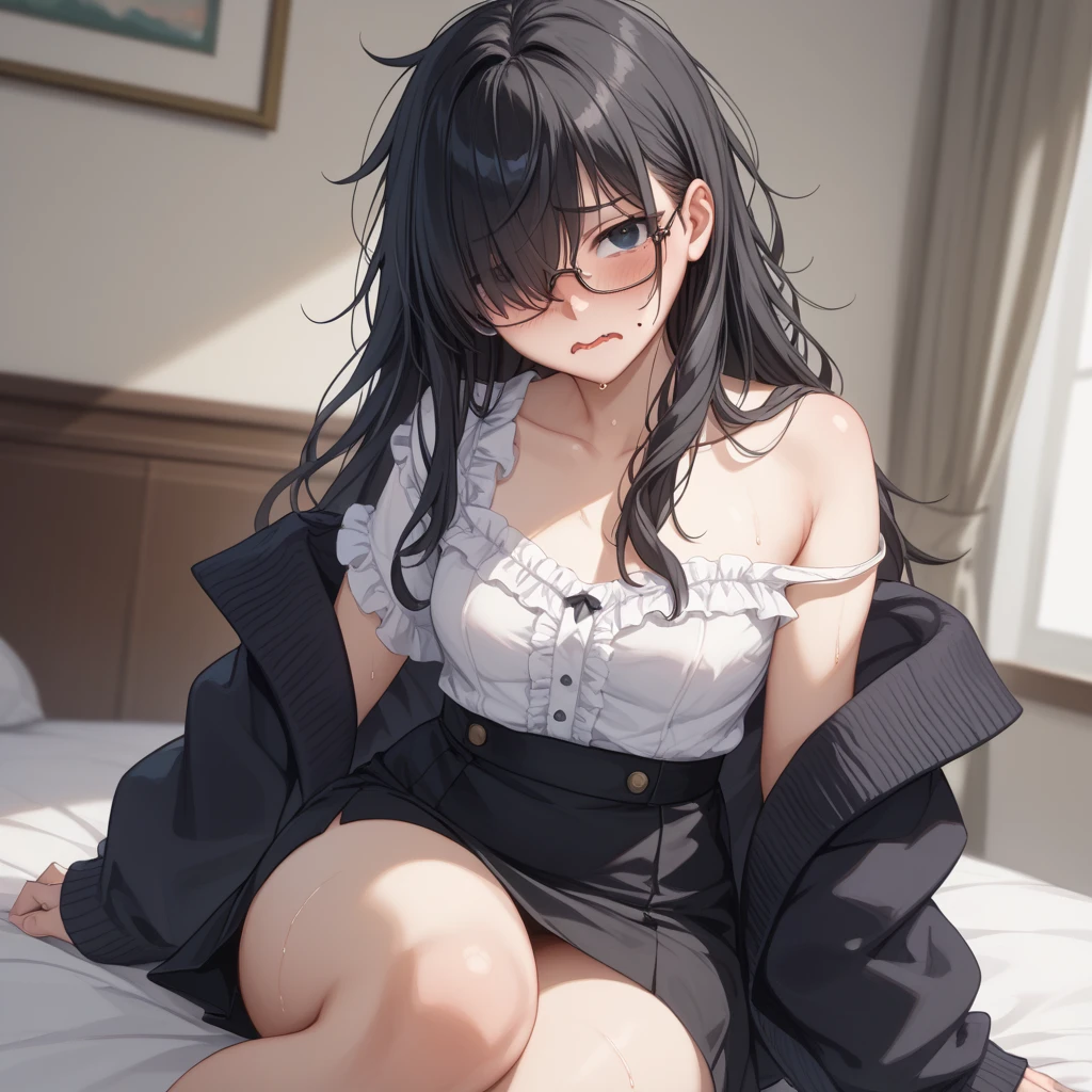 high definition, detailed, shiny, dark skin , gorgeous Innocent girl wearing thigh-high stockings with thick behind. The innocent girl is bending over blushing in a flustered way. big room with furniture and fire place. 
2. Create an Anime style piece inspired by with fine lines and high detail.
3.Using Ai generated algorithm to create a luminescent background of a cluttered bedroom thats in a realistic setting.
4. Redifine the full Image to look hyper realistic with sharp lines and high resolution.
5. Redifine the Image using Ai algorithm to make the image photo have beautiful dark to light detail