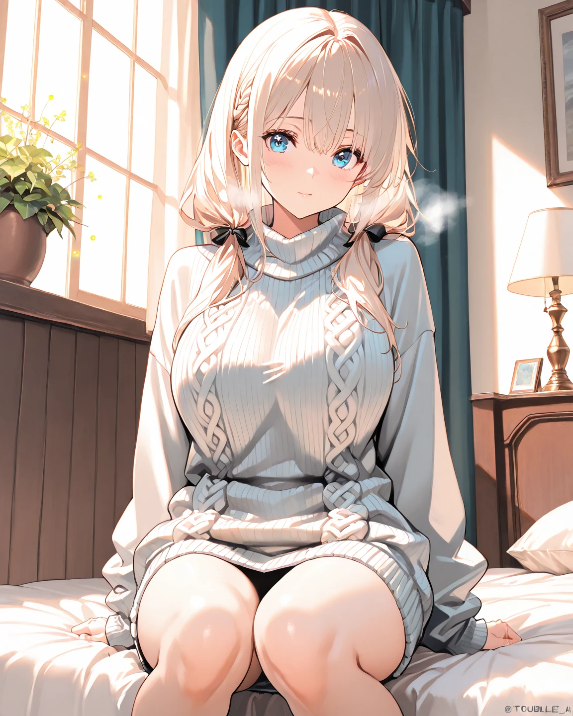 (Highest quality、Masterpiece、Very detailed、8K)、One Woman、18-year-old、Big Breasts、Virgin-killing sweater、Sitting cross-legged