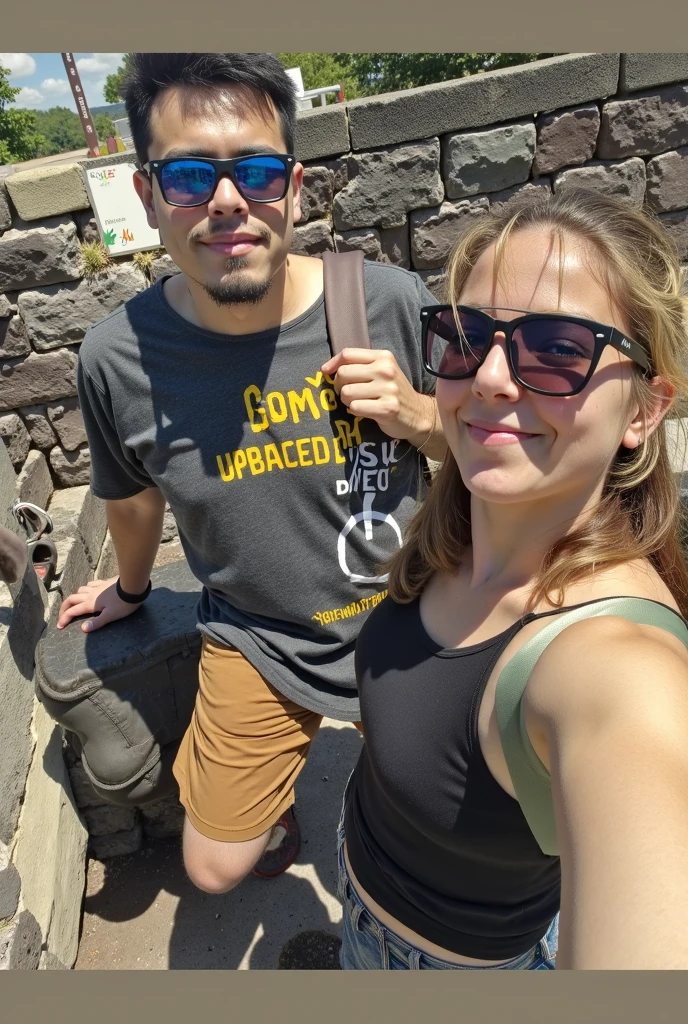 hay dos personas paradas una al lado de la otra en un puente, Foto de vacaciones, Aparcar en el fondo, with mountains in the background, Mountains in the background, con un parque al fondo, Ruinas en el fondo, in spain, with mountains in background, taken in the early 2020s, having a great time, colinas en el fondo