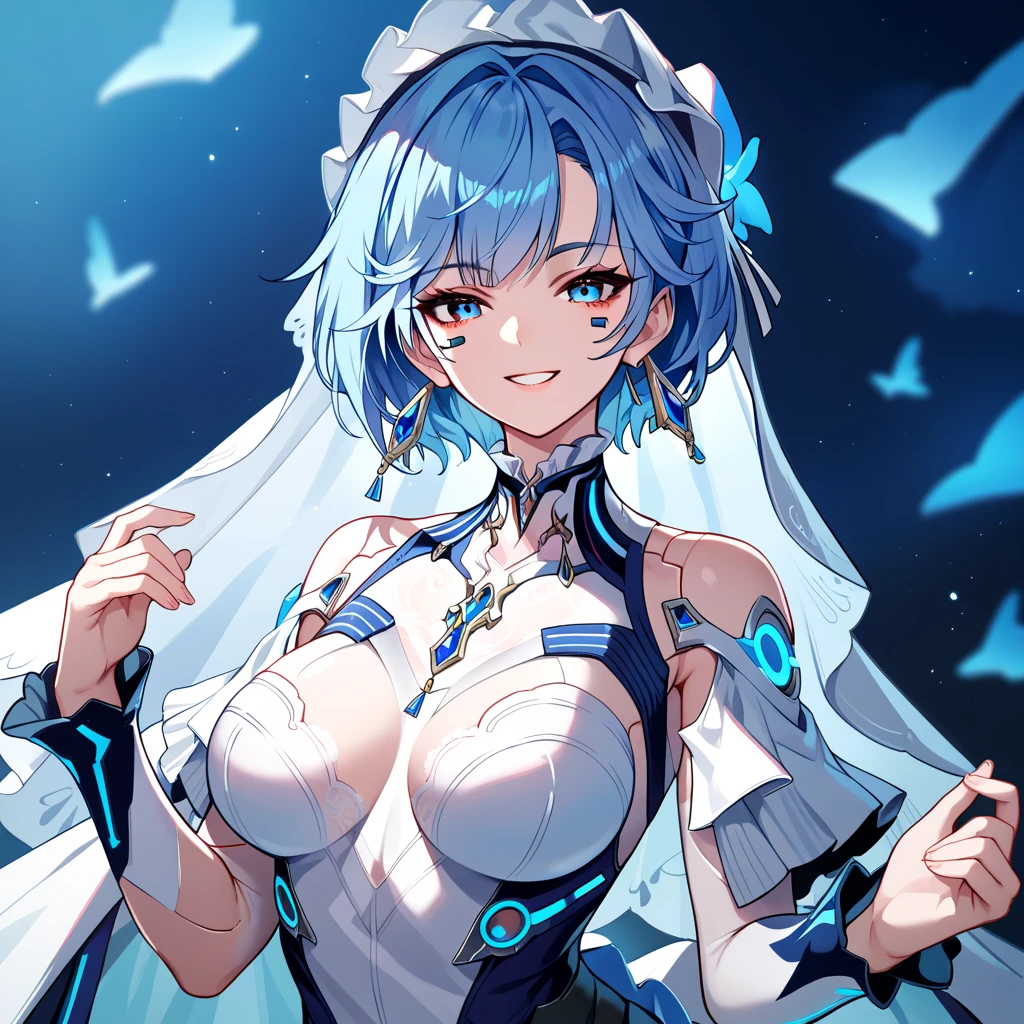 (best quality)+,(on the table)++,(Super detailed)++, Masterpiece Top Quality Super Fine Illustration High Detail Lighting Perfect Lighting, (1 bride:1.3),, First class female body, Perfect body, beautiful breasts, View from the front, from above, delicate luster, Beautiful and delicate eyes, cute face, beautiful lips, semi-realistic, a girl surrounded by crystals, blue eyes, Beautiful light purple hair, Beautiful iridescent eyes, Beautiful long and tousled hair, Sexy brides,Sexy wedding dress, Glow effect lens flare lotion gloss shine holy light background sunlight, silver high heels, looking at the audience,