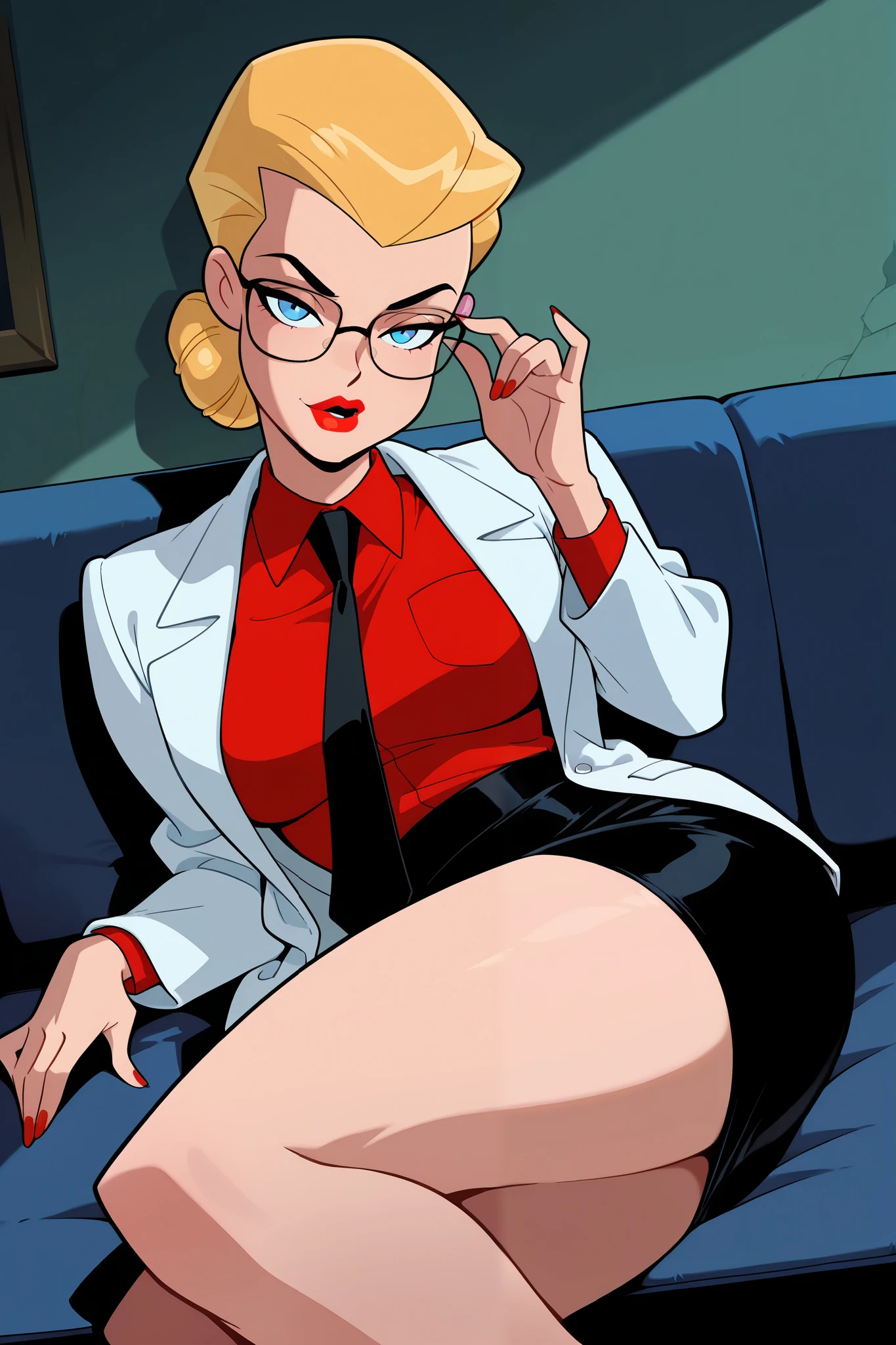 masterpiece, best quality, amazing quality, very aesthetic, newest,1girl,h4rl3yqu1nn,red shirt, black skirt, black necktie, glasses, red lips, blonde hair, hair bun, white jacket, blue eyes, large breasts, looking at viewer, reclining, sofa, doctor's office, sexy legs, seductive, dramatic lighting, spotlight, dutch angle, clothes lift,hand on glasses