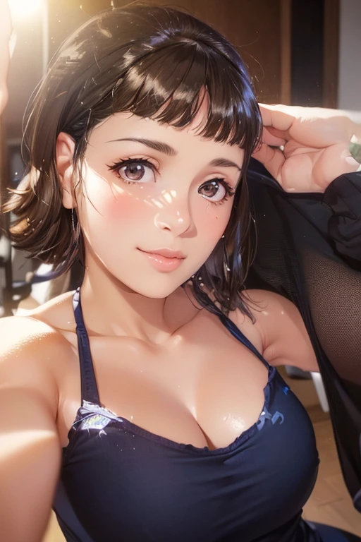 Tanned girl in a swimsuit lying on the bed、Smiling at the viewer、Cross your arms behind your back