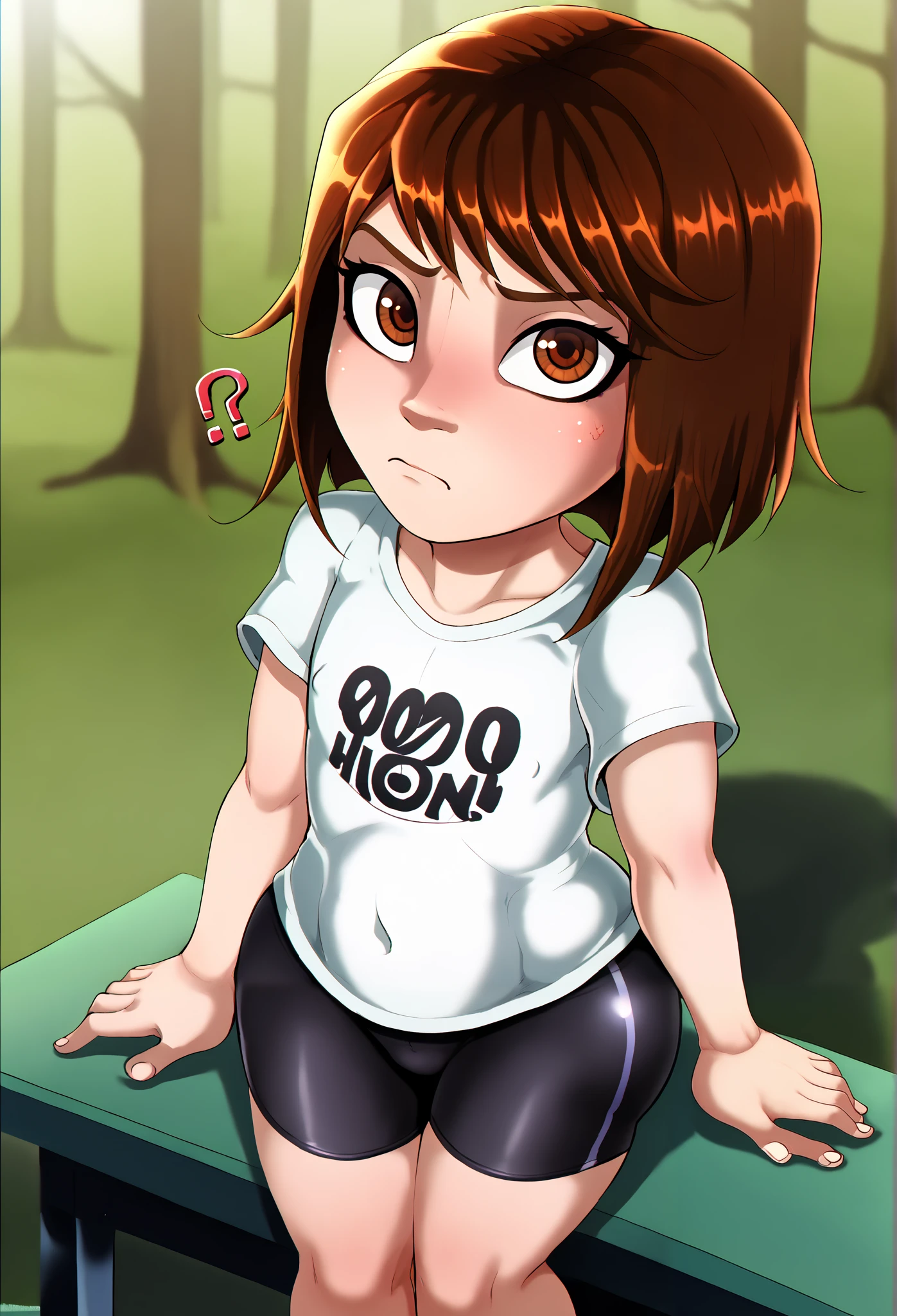 shadcom, shadman, shadbase artstyle, score_9, score_7_up, 1girl, solo, white T-shirt, black bike shorts, green forest background, presenting, curvy, cute girl, little, young girl, short girl, jailbait, age 13, minor, solo, medium brown hair, brown eyes, middle school girl, age difference, innocent, bratty, cute, immature, juvenile, younger girl, 120 cm in height, slimthicc, from above, ish_face, bratty face, shortstack, tight body, cheeky, frowning, cute, confused, looking up at viewer, early s, big butt, big ass, bare feet, holding her legs, sitting, presenting, tiny nipples, nipples aren't visible, flat chest, chest covered by shirt,