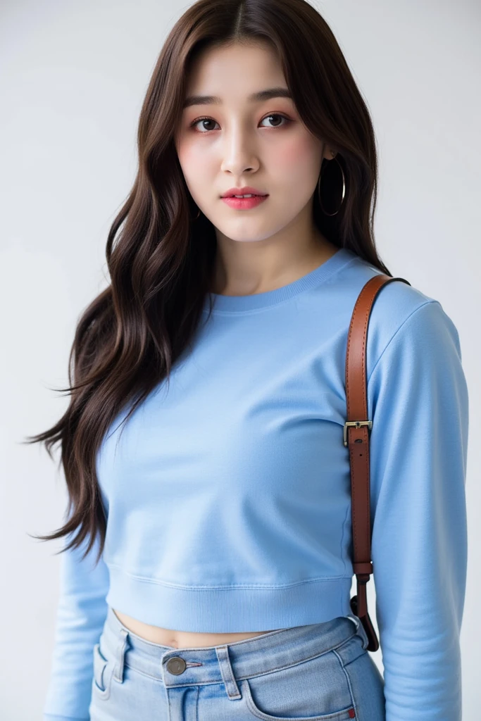 A full tight fitted, long-sleeved crewneck top in a soft blue shade
A crossbody bag with a brown leather strap, adding a stylish yet functional touch
Loose, natural long hair, which enhances the effortless aesthetic
a gaints breast woman.