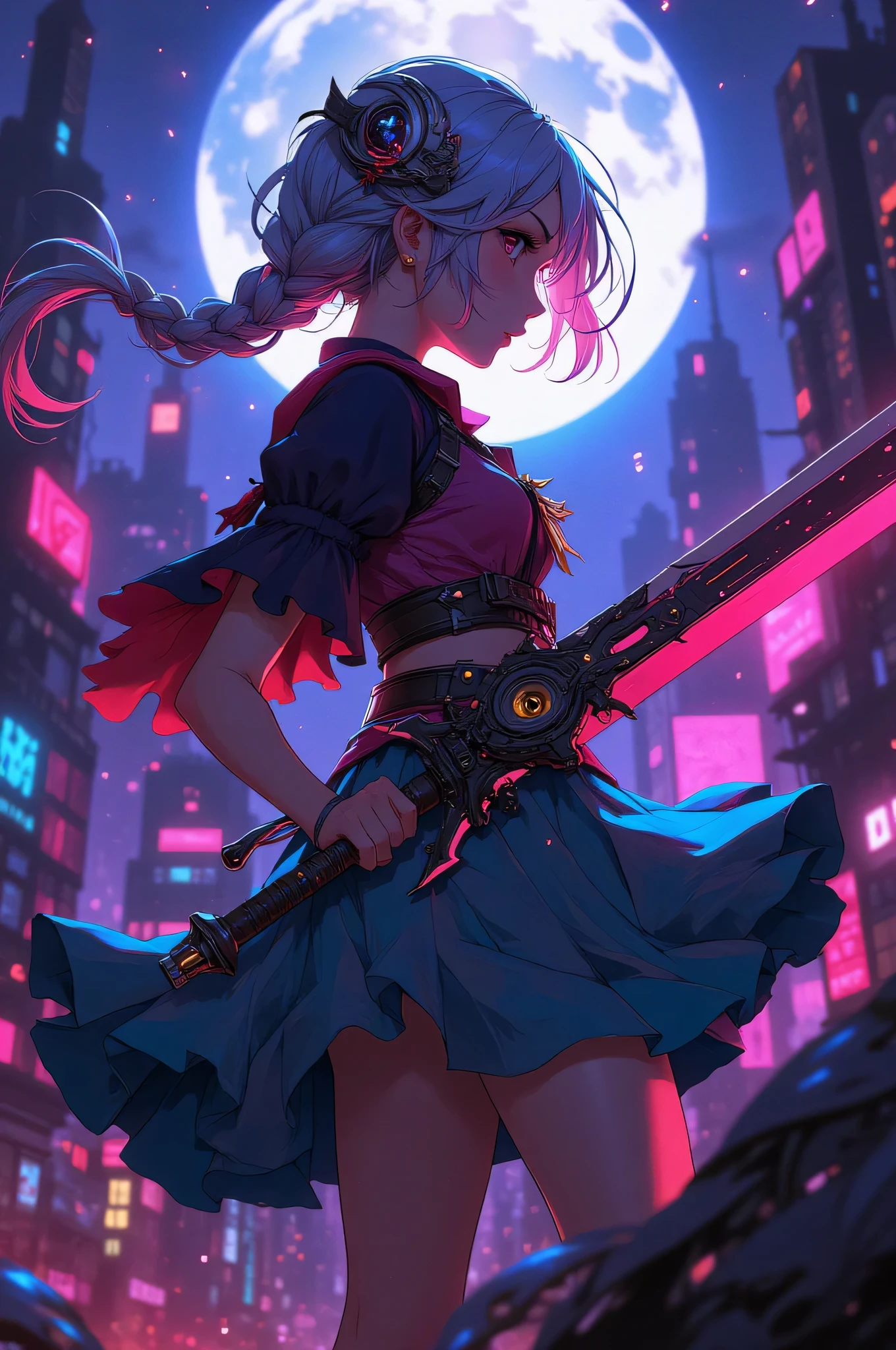 (EyesHD:1.2), masterpiece, best quality, ultra-detailed, very aesthetic, sharp focus, depth of field, vibrant colors, ray tracing, best lighting, detailed illustration, detailed background, cinematic, beautiful face,beautiful eyes,

(((beautiful detailed)))
1girl,she has a large mechanical sword, 
Fighting,Destroyed, Full moon background,
from side,wide shot,long shot,side-view, 
leaping figure composition(sharp lines:1.2)(clear line:1.2),(eye details:1.3)(thick border:1.4), animation cel style,
Peter Pan collar, bell sleeve, drape skirt, slippers, braid hair, futuristic atmosphere,
Futuristic buildings in the background,cyberpunk,pixelated,malware glitch,