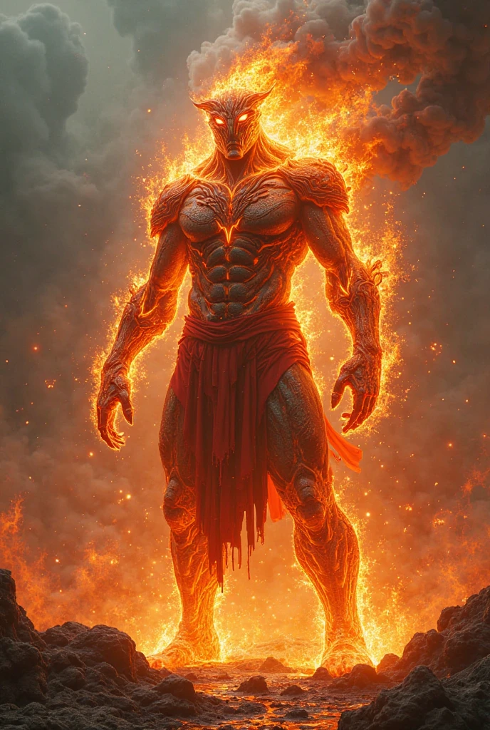 A fierce humanoid elemental composed of roaring flames, standing atop a charred, rocky plateau under a stormy sky. Its body is a mass of intense, ever-changing fire, with tongues of flame constantly flickering and dancing across its form. The face is sharp and angular, with glowing, ember-like eyes that burn with an inner intensity. The head is crowned with a mane of flames that rise and fall like a living inferno. The torso is powerful and muscular, with the chest and arms made of tightly coiled fire, radiating heat and light. The hands end in claw-like fingers made of solidified magma, glowing red with heat. The legs are sturdy, with the feet leaving behind scorched earth wherever they step. The overall form is dynamic and fierce, embodying the destructive power and raw energy of fire. The background is a desolate, charred landscape with smoke rising from the ground and distant lightning illuminating the sky, emphasizing the elemental's connection to the primal force of fire.