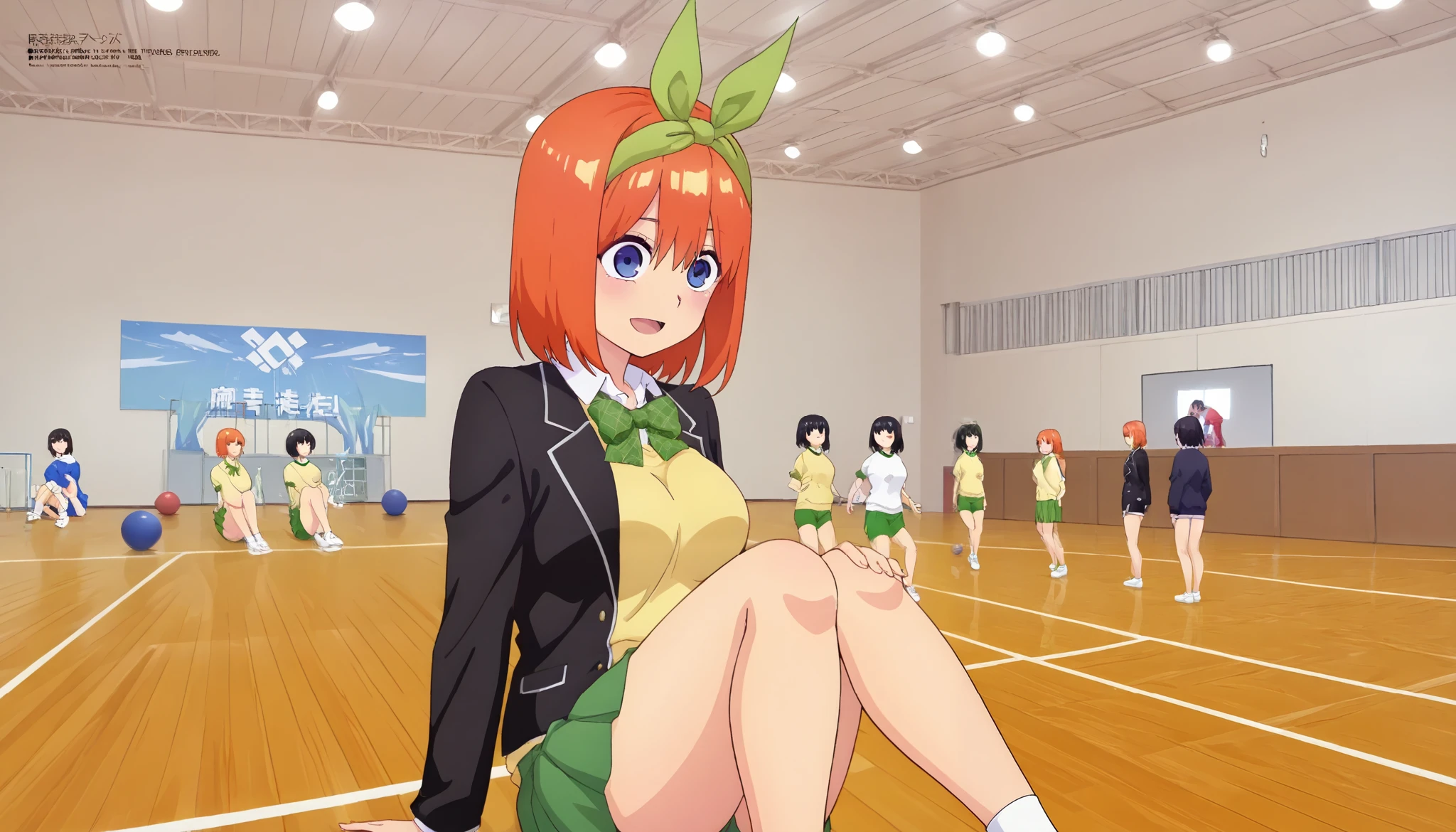 1girl, y0tsuba, large breasts, orange hair, blue eyes, short hair, hair between eyes green bow hairband, black blazer, open blazer, yellow sweater vest, white collared shirt, bowtie, plaid bowtie, green skirt, pleated skirt,y0tsuba, orange hair, blue eyes, short hair, hair between eyes, green bow hairband,Gymn4s3,sitting on the floor grasping one's knees (as in a gym class),,score_9, score_8_up, score_7_up, rating_safe, masterpiece, best quality, absurdres, unity 8k wallpaper, official art, official style, source_anime, uncensored, game cg, megami magazine,taiikukan, indoors, sportswear, multiple girls, indoors, photo background, shorts, ball, 6+girls, ceiling light, black hair, ceiling, stage, wooden floor, gym uniform, sportswear,