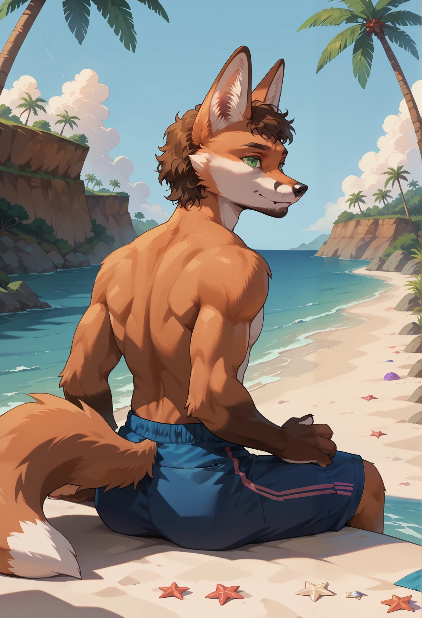 score_9, score_8_up, score_7_up, score_6_up, score_5_up, score_4_up, 1man, solo, Sineki, curly hair, fox male, anthro, brown body, short hair, green eyes, body fur, detailed, beautiful, female, vector, flat colors, 4k, ultra detailed, (masterpiece, high quality, best quality, 8k uhd, 4fingers, absurd res, very aesthetic, newest), ((2d, cartoon)), gigachad, muscular, facial hair, beach, palm tree, swimming trunks, sitting on ground, back view, looking back