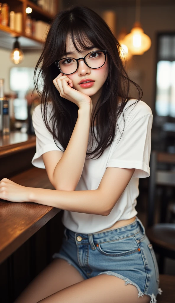 Whispers of Nature, Alphonse Mucha, Gustav Klimt, elegant figures, organic motifs by Antoni Gaud, Ren Lalique,
1girl,solo,glasses,casual outfits, coffee shop, chatting, laughter, laptops, cups of coffee, friendship,(nsfw:0.85),thighs,
(Graceful poise, evocative atmosphere, magnetic presence, refined seduction, captivating mystique:0.9)