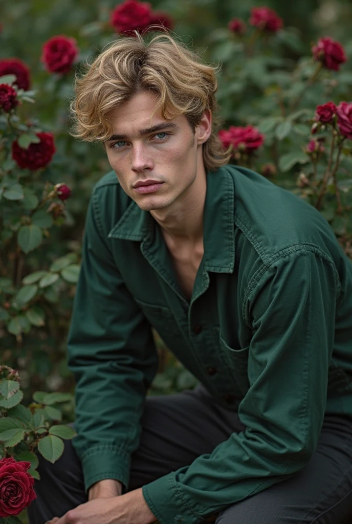 (kodak portra 400) (35mm film) (analog photography) ((best resolution)), extremely detailed, (1 man) in his nudity, (blonde man) lying in a field abundant with pink flower petals. looks directly at the camera with a serious expression, (dreamy) (romantic atmosphere) (fashion) (editorial photography). cinema lighting, full body, lying down, spring, flower petals, foggy, garden, front view.