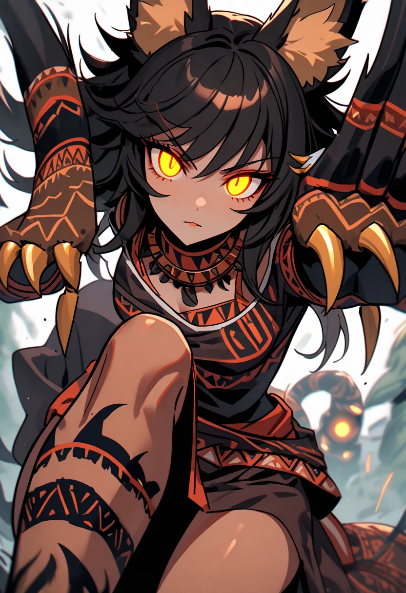 ((solo character, vibrant colors, masterpiece, best quality, full body, beautiful hands, sexy pose, arms above head, hands behind head, arched back)), slim anime girl standing on grass at sunset, ((forest background)), dark lighting, bones, blood, black hair, ((black hair, long and messy hair, long and messy bangs, red eyes, black skin, red horns)), black skin, open mouth, sharp teeth, angry expression, tusks, fangs, medium breasts, ((brown shawl, brown robe, long transparent sleeves over hands, exposed stomach, silver bellybutton piercing with jewels, orange pants)), torn clothing, wet skin, water on skin, multiple silver bracelets with jewels, multiple silver earrings with jewels, multiple silver hair ornaments with jewels, brown boots, ((silver bra with jewels))