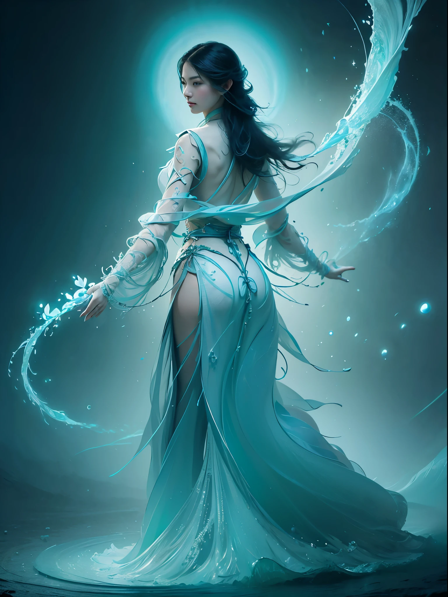 Ultra detailed illustration of the silhouette of a woman, phantasmagorical figure, (((translucent skin:1.5))), (((translucent body:1.5))), art by Mschiffer, neon lights, light particles, colorful, cmyk colors, backlit