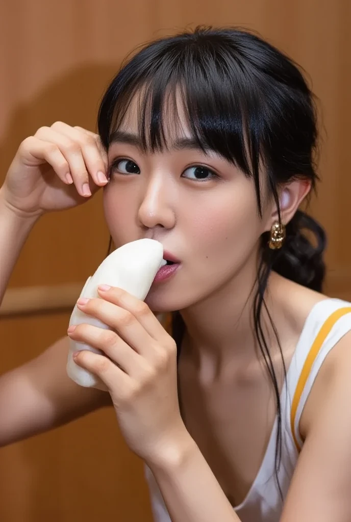 NSFW、highest quality、8K、masterpiece、ultra high resolution、clear pictures、realistic pictures、Photoreal、professional lighting、Cinematography、very short hair、delicate body、small breasts、white underwear、eat brown sausage:1.4、put sausage in mouth、close up of face、Pour milk on your face、Blowjob