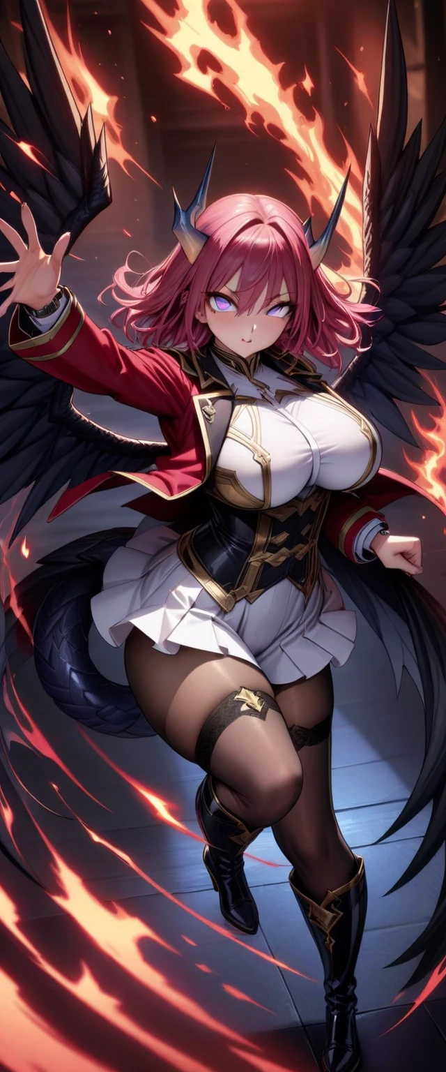 (magic, aura:1.4), 1girl, solo, workshop, cowboy shot, arm at side, burgundy hair, long hair, french braid, pink eyes, tall, see-through shirt, long skirt, fur trim, head wings, curvy, seductive smile