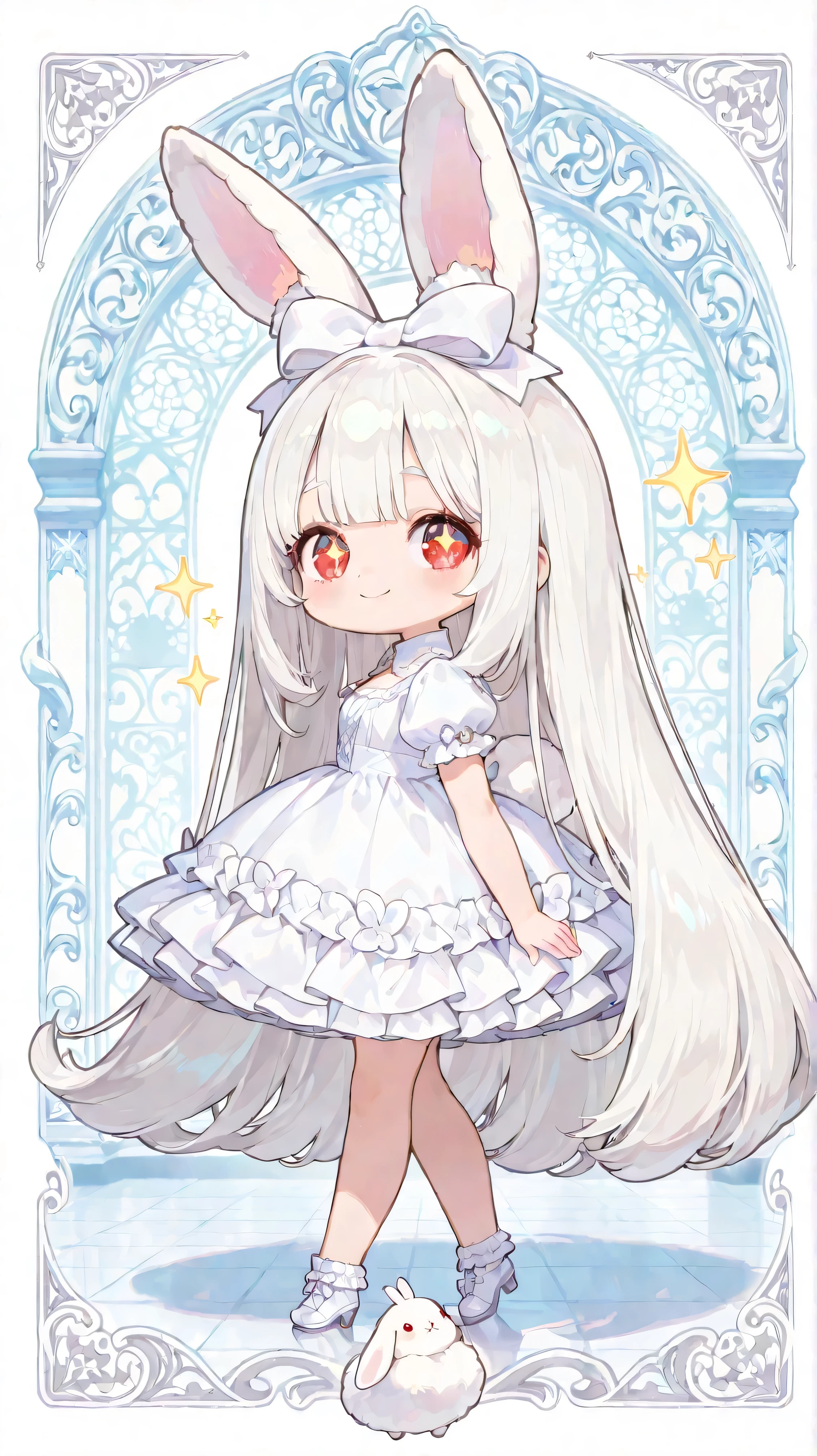 Anime girl with long white hair and bunny ears in a white dress - SeaArt AI