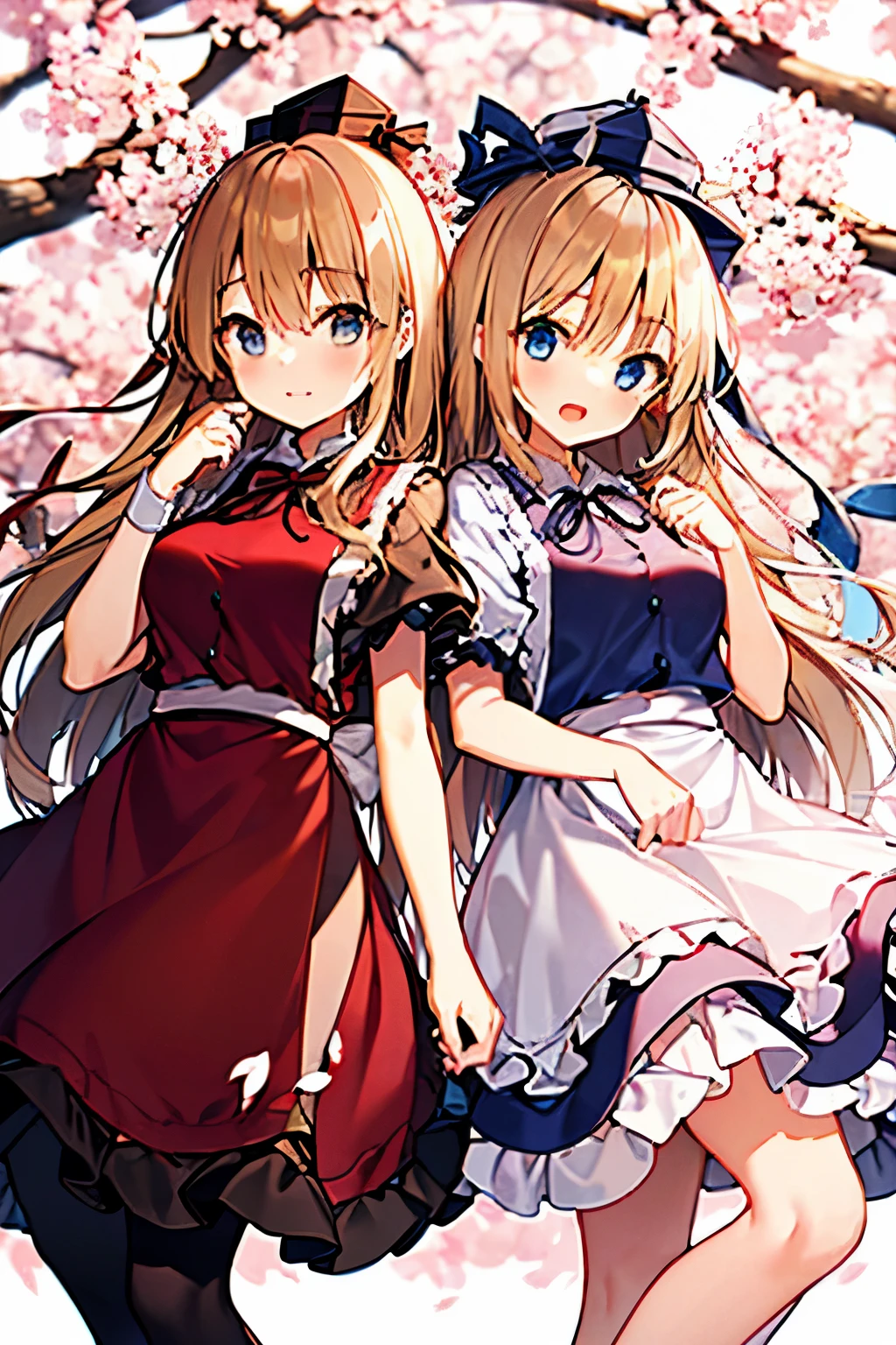 Two girls Lily White (Touhou), blue eyes, long hair, blonde hair, fairy wings, simple background, white hat, hat, white capelet, white dress, red bow tie, red ribbon, hat ribbon & Lily Black (Touhou) blue eyes, black hat, black capelet, black dress, hat ribbon Lily White and Lily Black Characters from the Touhou Project (Touhou) stand back to back in the petals of a cherry blossom in full bloom
