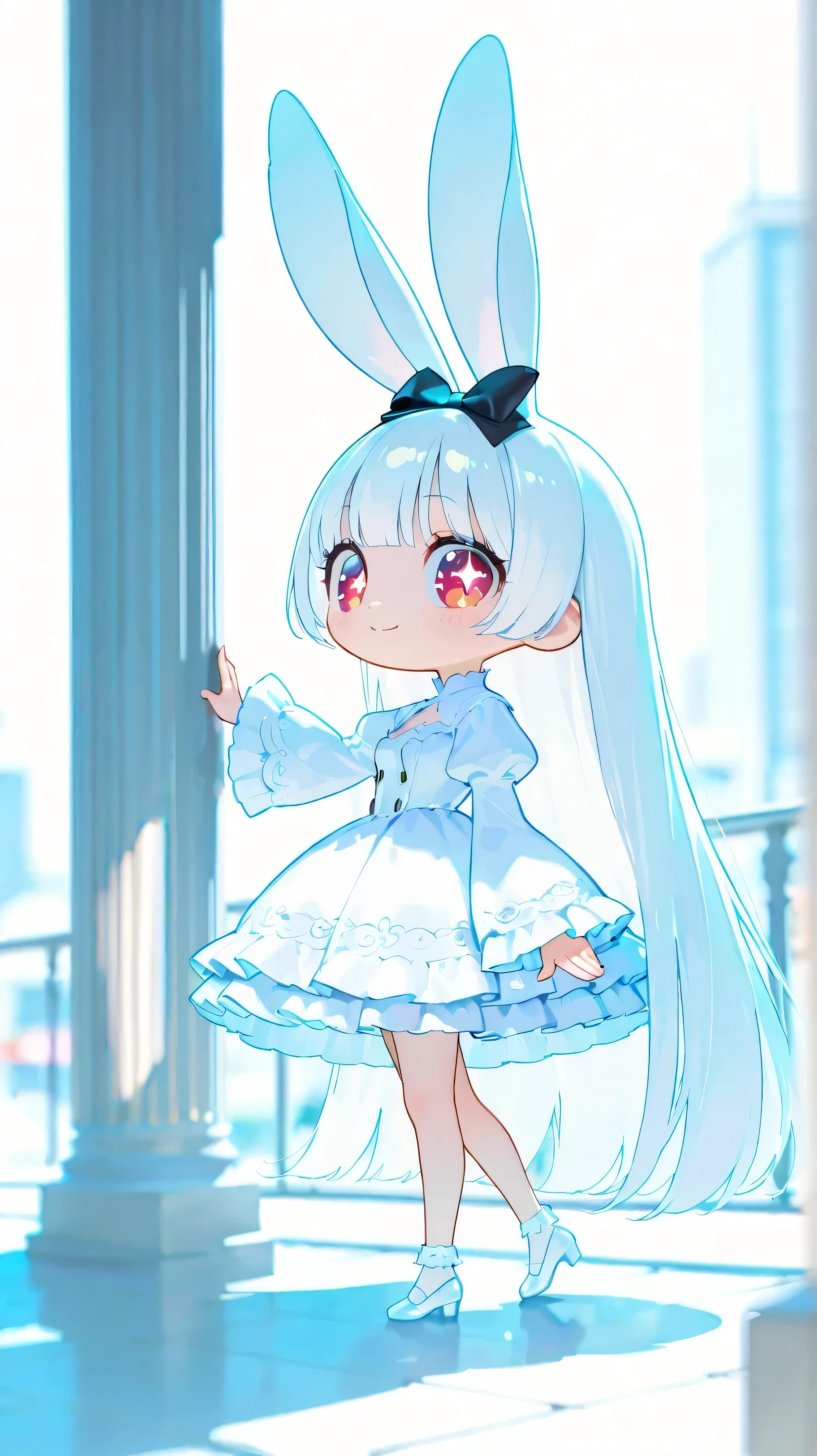 Anime girl in a white dress with a blue bow and a black bow - SeaArt AI