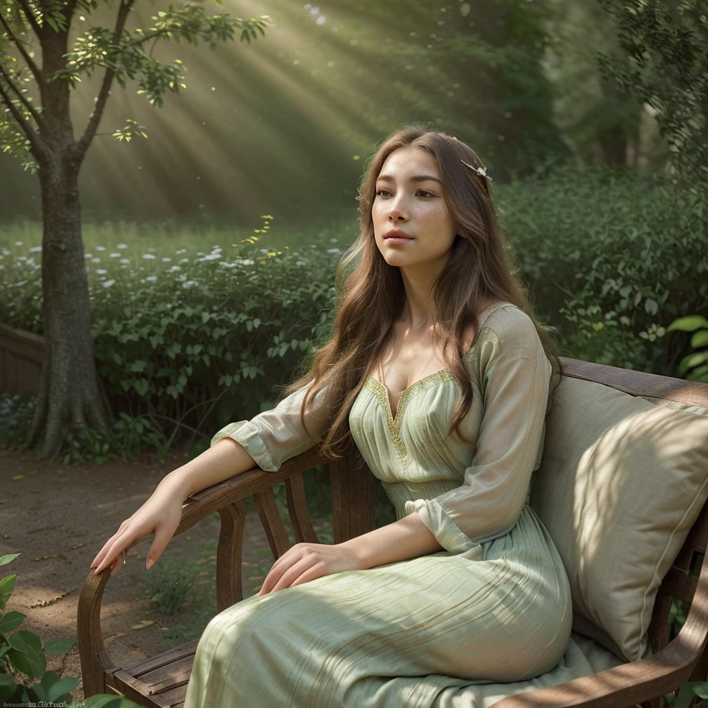 Best Quality, 4K, 8K, hight resolution, ​masterpiece, Ultra-detailed, Realistic, Cinematic lighting, bird's-eye view, 1girl, Small breasts, sitting in the woods with a flower in her hand, dryad in the forest, goddess of the forest, enchanted with nature spirit, goddess of nature, forest soul, forest dryad, nature goddess, arth goddess mythology, mother nature,  in a serene forest bathed in morning light. The scene should depict in a peaceful setting, surrounded by lush greenery, with trees whispering gently in the background. The mood is calm and meditative, capturing the moment of connecting with the tranquility of nature, reflecting the quiet whispers of the green forest."