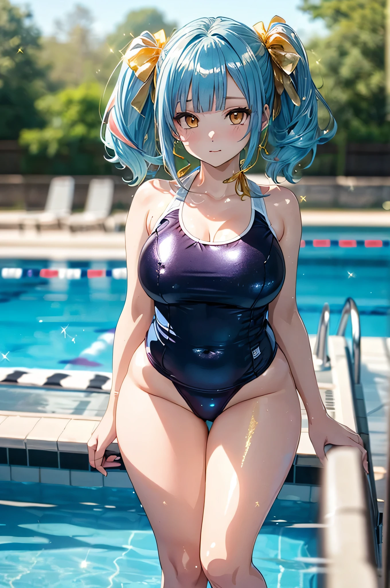 (8k, RAW Photos, 最high quality, masterpiece: 1.2), high-definition color RAW Photos, Professional photography, Cinema Lighting, (((Female: 1 person))), (Sharp features), (Small face), (Very detailed skin: 1.2), clavicle, Cute Face, Beautiful appearance, Long eyelashes, (Blue Hair, blue eyes), (Slim silhouette: 1.5), Very detailed face and skin texture, Beautiful Eyes, Natural Makeup, ((yellow Swimwear)), Beautiful breasts, Hunchback, Turned back, stand out, (Swimwear: 1.5, Beautiful body lines, Indoor competitions, Pool, Wet), gaze, Beautiful Skin, Glowing Skin, Perfect Fingers, Five Fingers, Anatomically correct, Bokeh Background, high quality, Surreal, Vibrant colors, whole body ((Wide-angle lens: 1.5, Very detailed, shot)).