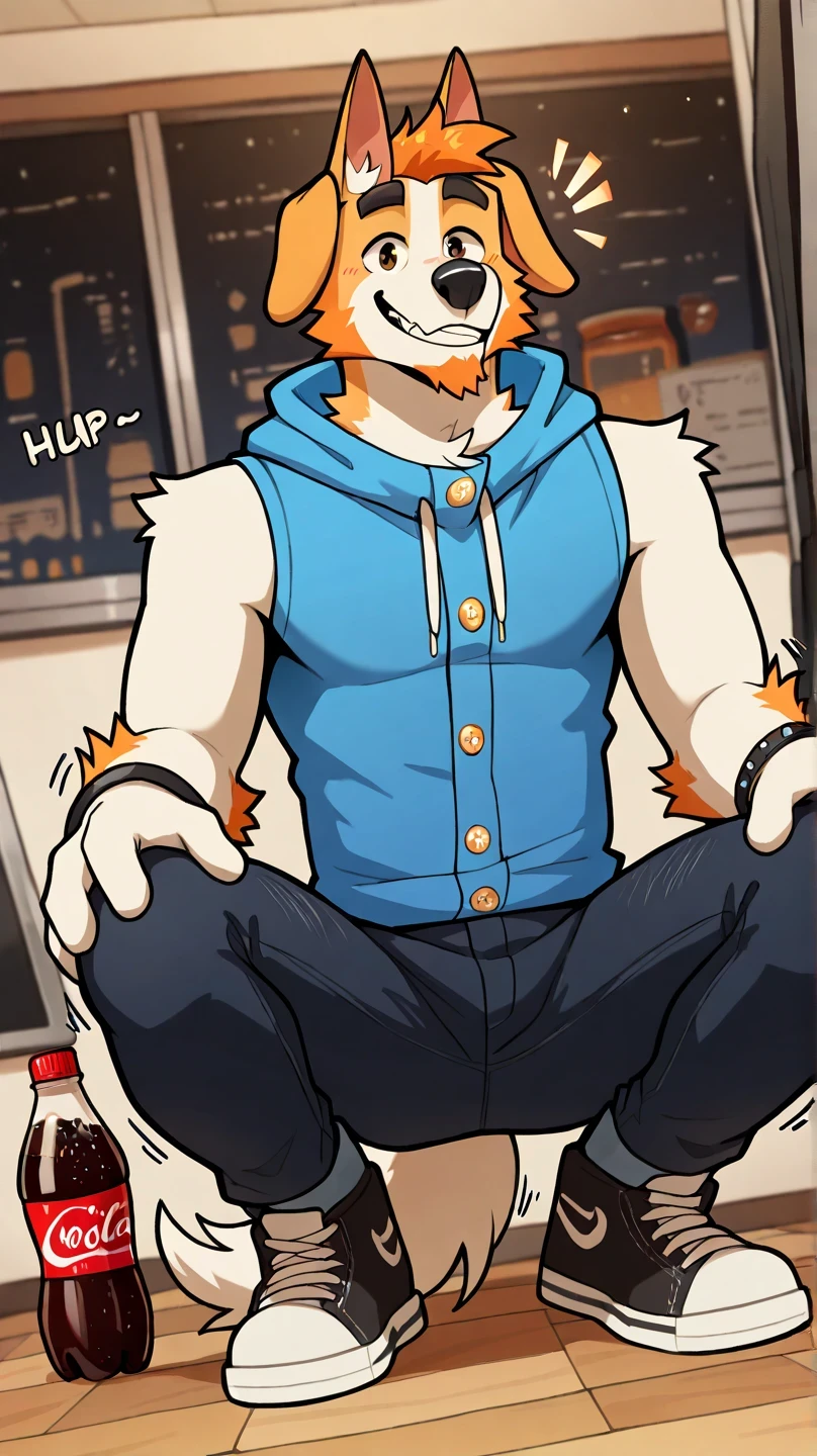  depth of field, decoladed background, eye Reflections, Reflections,   Dutch angle, anthropo, adult,  hairy,  no human, cola,  sound effect ,   flirty expression, seductive look,  sound effect , lines of motion,   by gr3yyy , Masterpiece, better quality, amazing quality, very aesthetic, Absurds, newer,  male focus, 1 ,  hairy, Alone ,  hairy male, animal ears, fitted jeans, of 19 around neck, of 19, dog boy , dog ears, full body buttons, hood, dog cola, orange hair, Shaking,  Shoes, smile, joyería, blue sleeveless shirt , bracelet, hands on knees, , looking at the spectator, squatting, En cuclillas, Forehead position, sexy brown eyes 