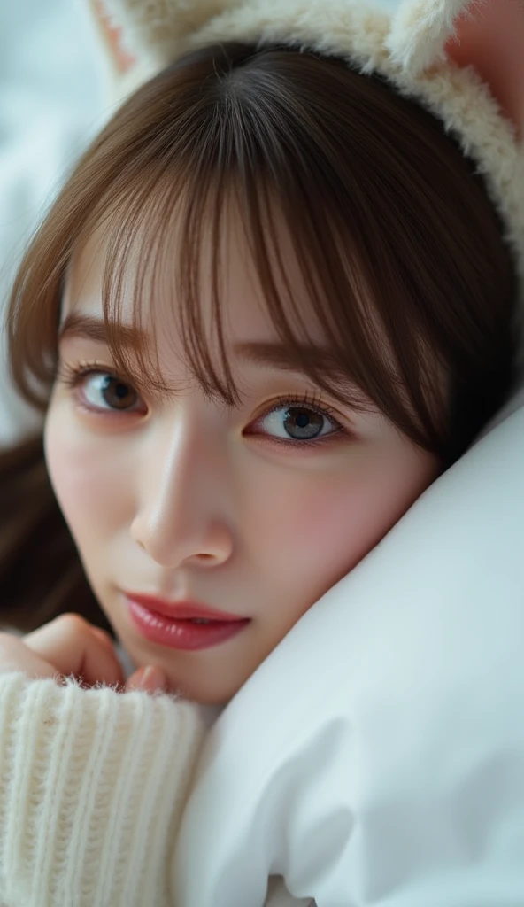 Background is white、Studio shot with white sunlight shining from the right, eyelashes are neatly arranged、A hand with simple, beautiful nails is on her cheek、Face is front、up