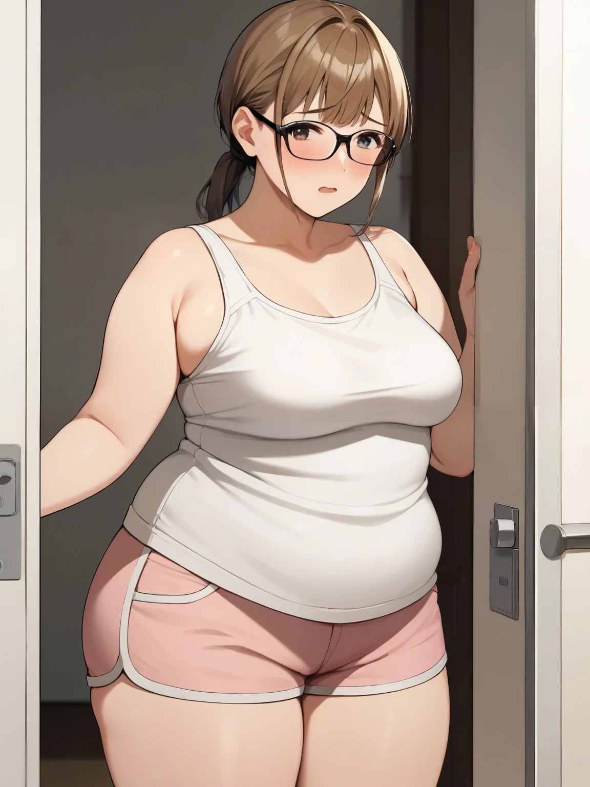 score_9, score_8_ up the side, score_7_ up the side, score_6_ up the side, score_5_ up the side, score_4_ up the side,anime,nsfw, uncensored,Kawakami_May, 最 high quality, Masterpiece, Super Detail, high quality, high resolution, 1 girl, slightly overweight, blond hair, side low ponytail, beautiful, beautiful and perfect face, Fine grain , Detailed eyelashes, ( black glasses:1.1), watches viewers, ( white tank top, sheer pink shorts), Clevis, small saggy , Curvy Body ,クローズ up the sideショット, from before , standing, At home, open the door , lean forward, thick thighs, fat legs, belly peeking from under her shirt. shy, embarrassed, insecure,