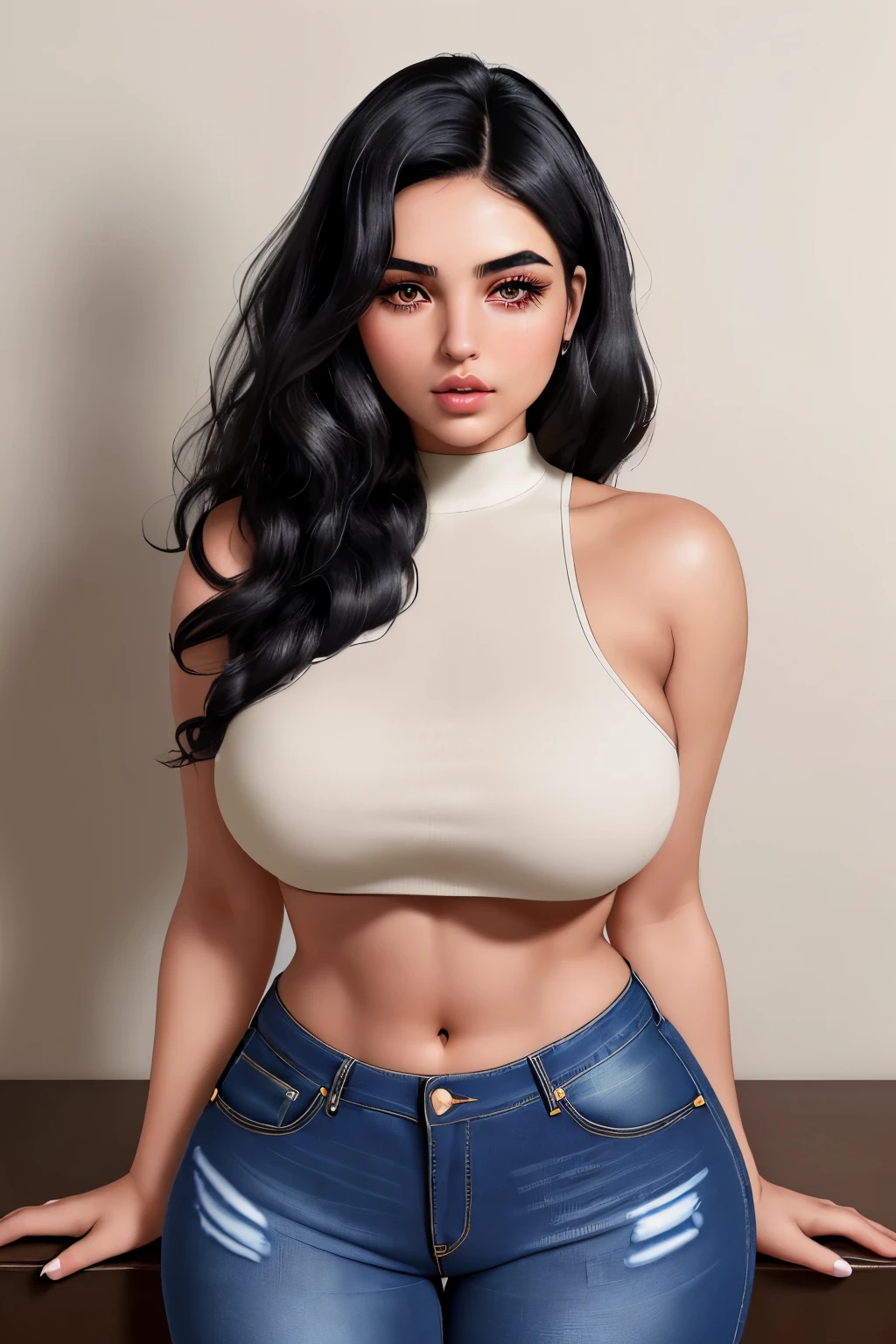 Amazing portrait of a sexy woman with olive skin, striking dark eyes framed by thick lashes, and luscious black hair styled in loose waves, a curvaceous figure and stands at an average height, stylish jeans paired with crop tops that show a hint of her toned midriff, lips parted, about to kiss, romantic, intimate