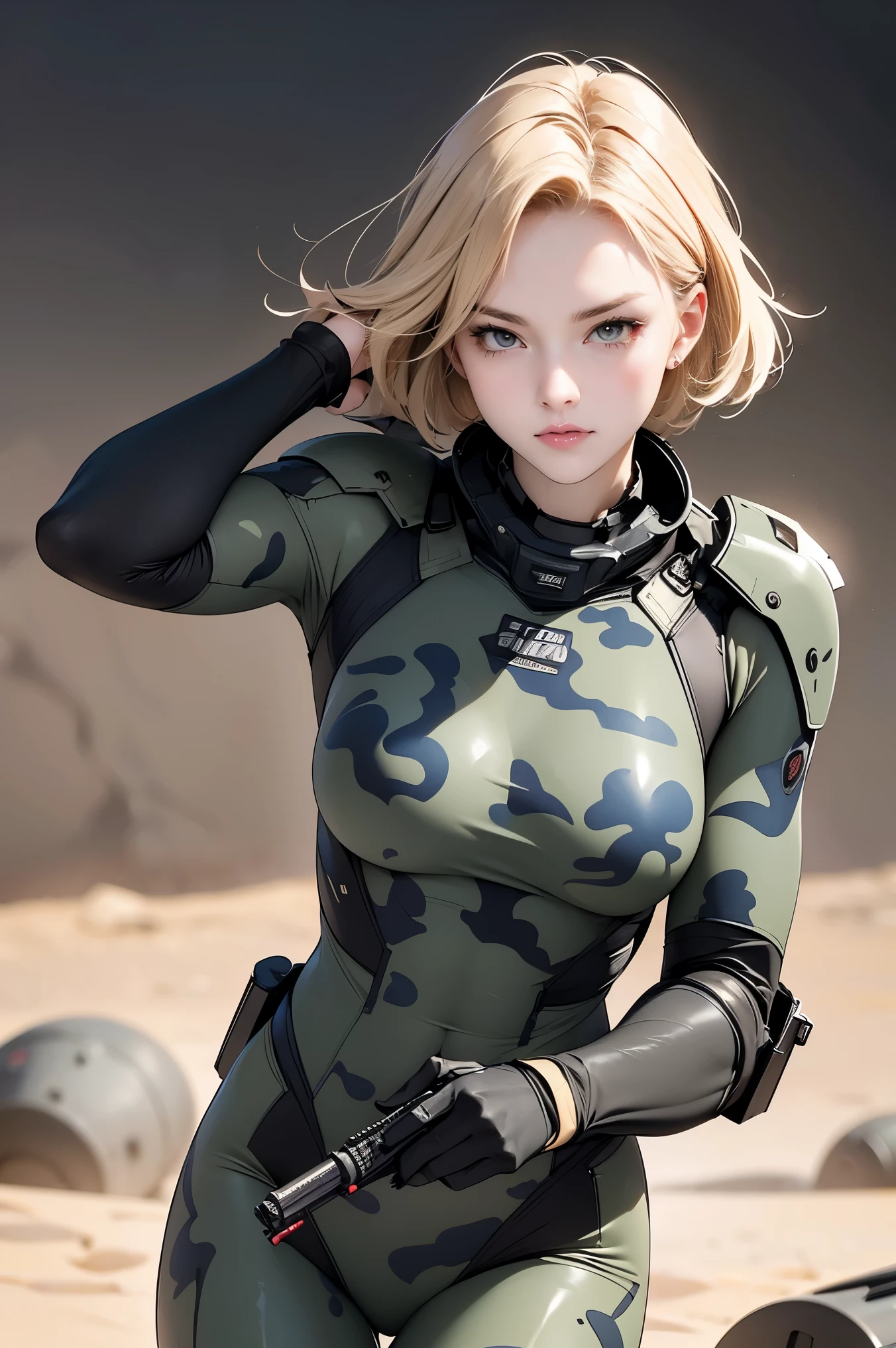 Browsing Caution, Anime screenshots, 16K, A body with perfect anatomical proportions, Perfect hands, action, Dynamic composition with a sense of speed and movement, (Hold an assault rifle:1.6), cute young girl, Perfectly beautiful, delicate and sexy face, Perfect and beautiful delicate eyes, Blonde Hair, Short Bob Hair, huge , Abdominal muscles, Camouflage colored heavy armor steam engine full armor power suit, Many heavily armored robot soldiers engaged in a gunfight in the background., flying bullets, Desert battlefield, war, explosive flame, Post-apocalyptic,