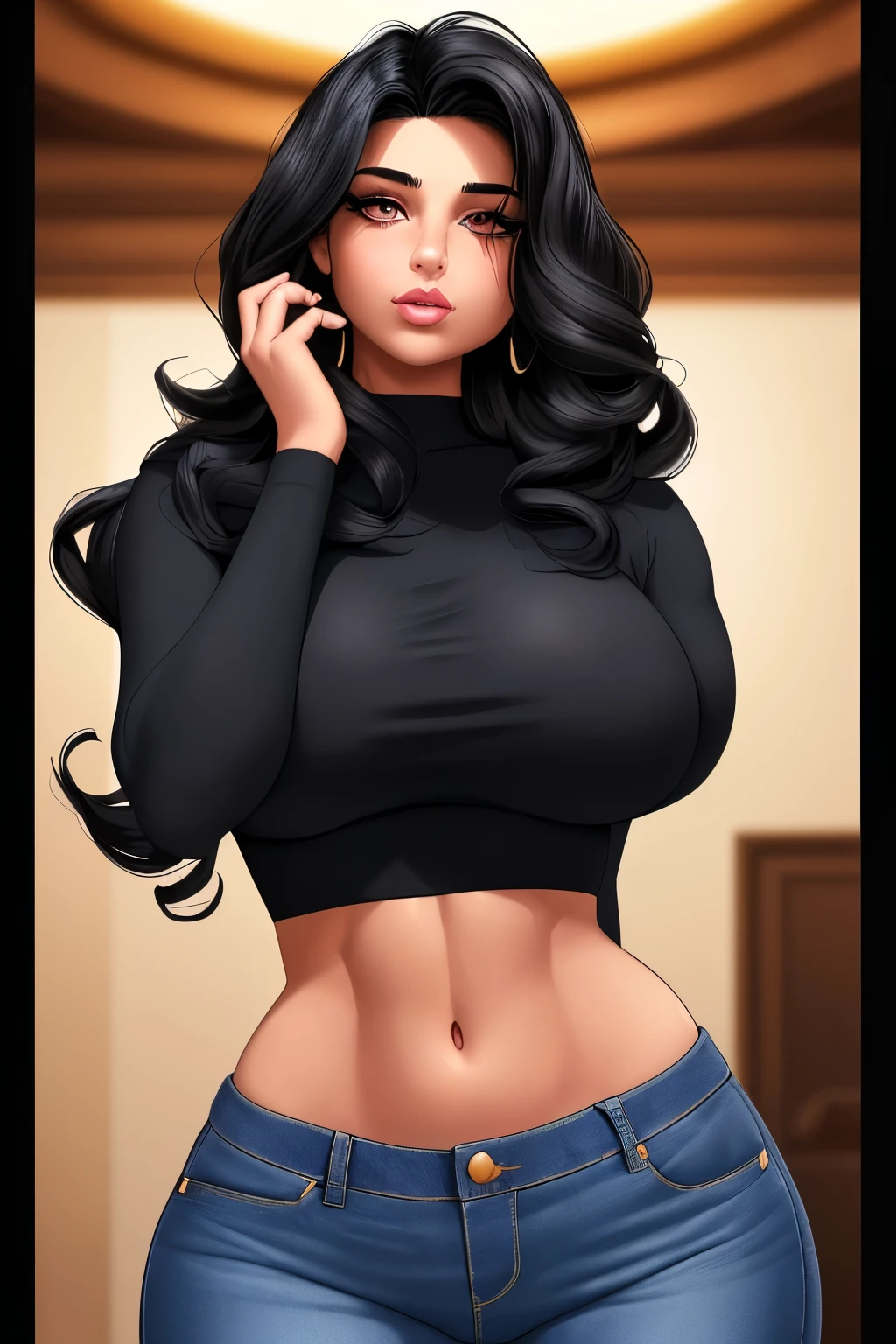 sexy woman , long curly black hair, off shoulder white sweater, jeans, Busty. Big hip. Voluptuos