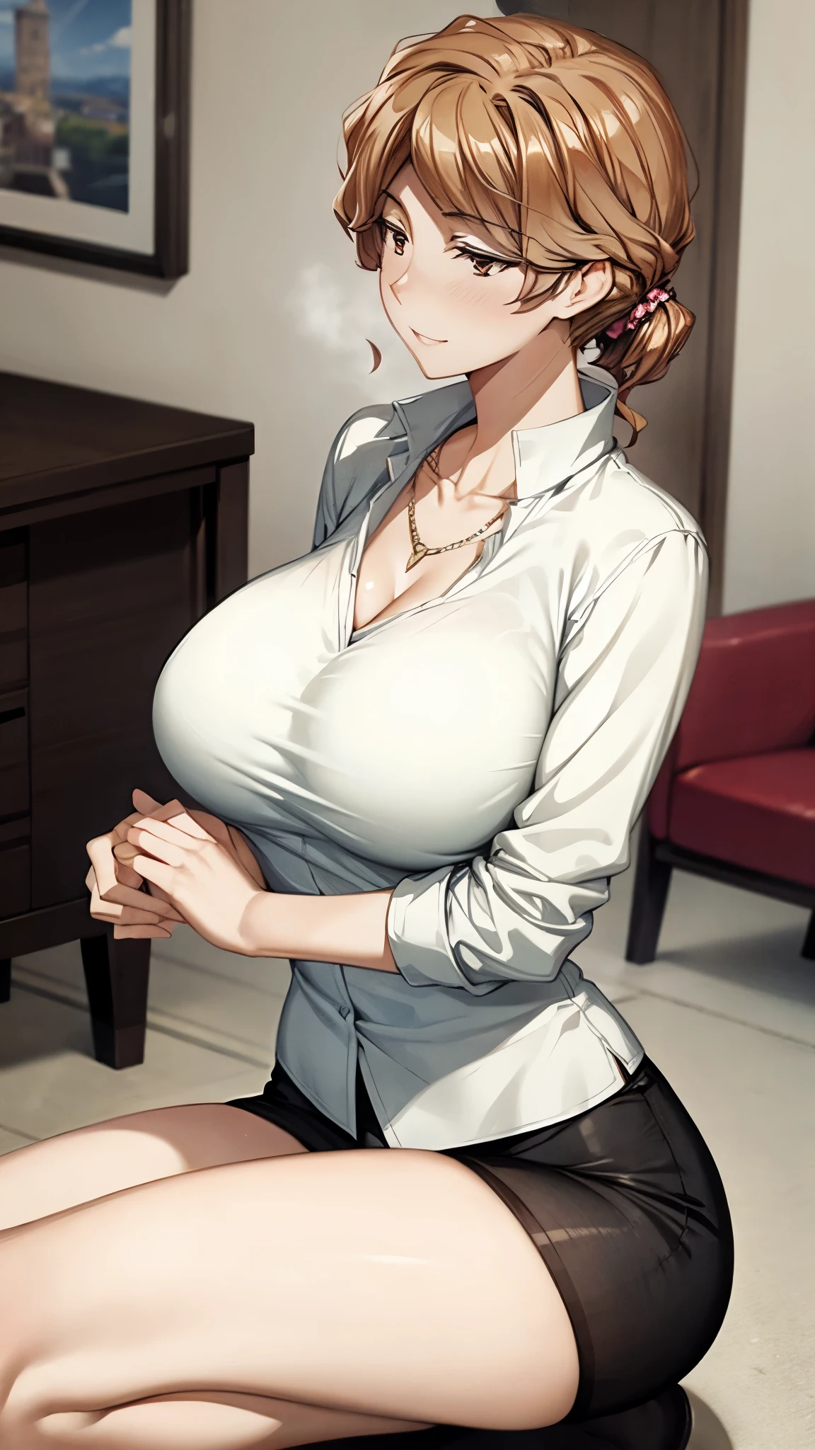 (super quality,super high resolution,16k,Super Masterpiece,Ultra HD ,detailed shading and background,)shot from below,sexy mature woman, Gold, Sexy White Shirts,cleavage,necklace,Big Breasts,tight skirt,black panties,cover,maternal smile,thick lips with Nozomi,living room,squatting,Place your hands on the side of your head, legs spread wide ,