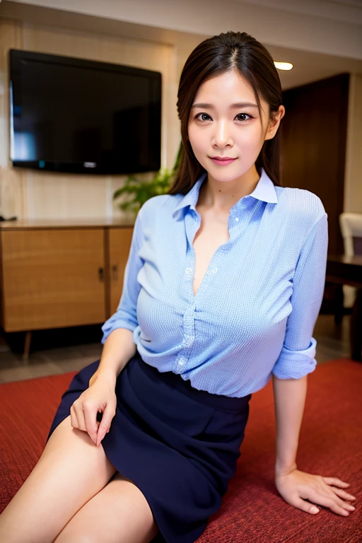 A japanese Lady,masutepiece, High quality, UHD 32K,Live-action adaptation,Muscular realistic face,gigantic breasts, Realistic skin feeling,49 years old,solo,muscular,shiny tight wet open business shirt,tight mini pleated skirt,viewer,squat down and raise legs,frontal photography,dark locker room,shiny and oily body,japanese teacher,smile