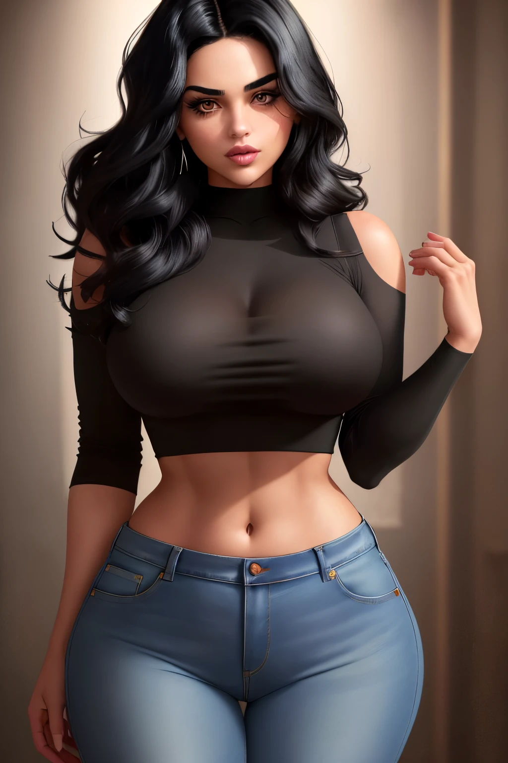 Amazing portrait of a sexy woman with olive skin, striking dark eyes framed by thick lashes, and luscious black hair styled in loose waves, a curvaceous figure and stands at an average height, stylish jeans paired with crop tops that show a hint of her toned midriff, lips parted, about to kiss, romantic, intimate