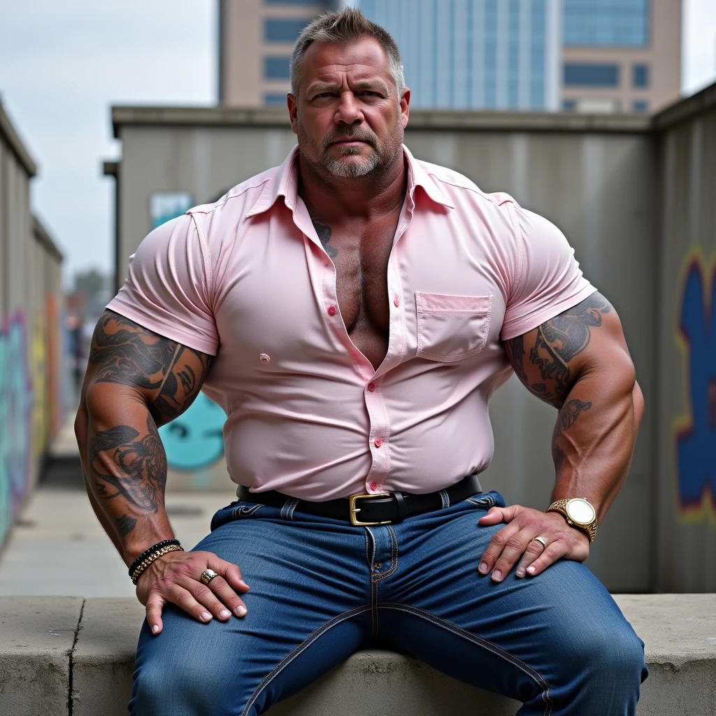full body portrait of a charismatic Caucasian male.., super sexy, hot, bald, bald, trucker, heavy, 60 years old, on a road (bald and strong), muscular, huge biceps, Tattooed, (very hairy bodybuilder with a big belly), t-shirt, ripped jeans with extremely tight holes, huge hairy muscular legs, huge groin area, The scene is set in a realistic environment, happy expression, Bright colours dominate the palette, creating luminous and intricate tones. Art Station style adds depth and detail to the scene..., with intricately drawn lines and animated elements -t2. (Best quality:1.0), (Ultra-high resolution:1.0), Hyper-realistic