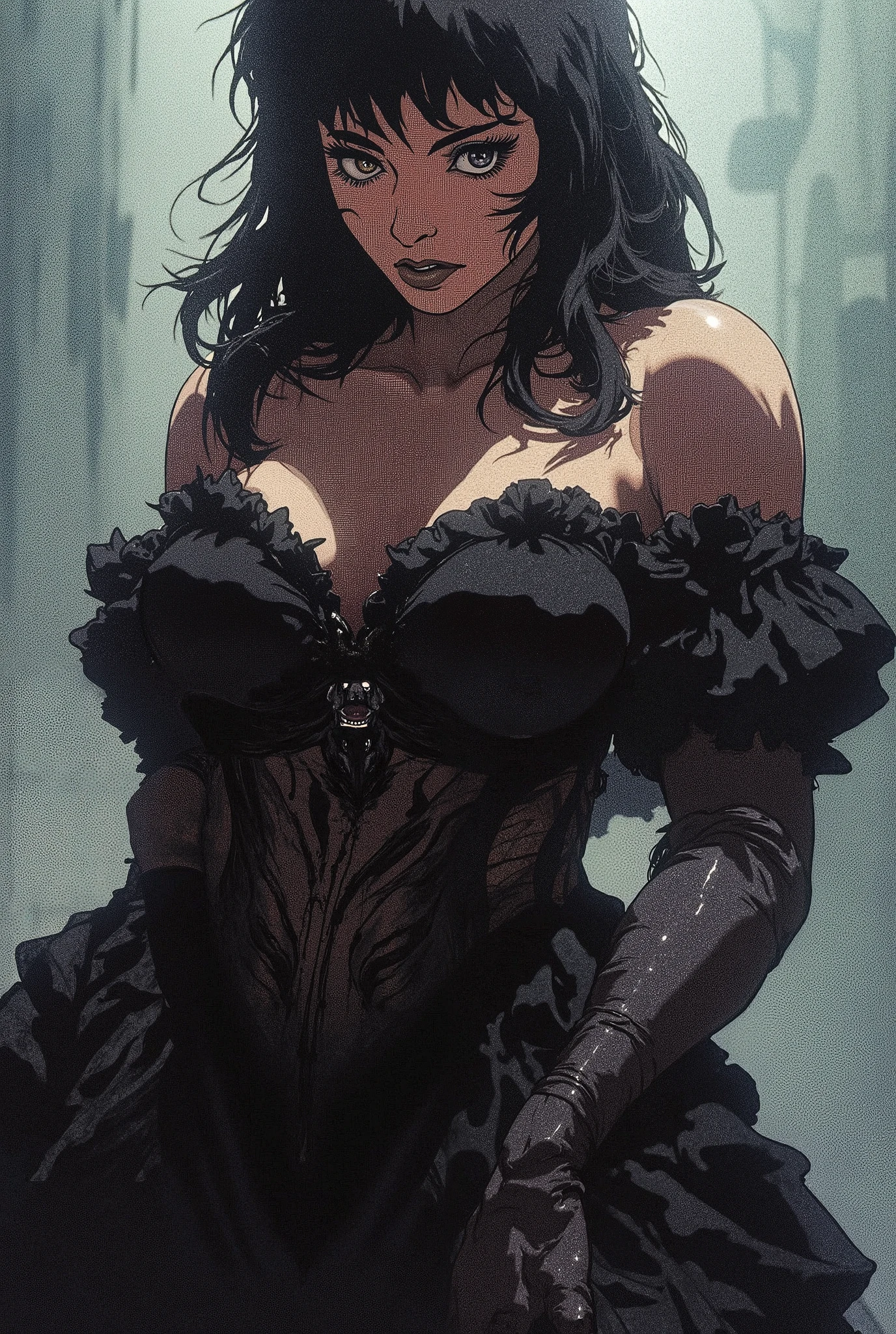 (masterpiece, best quality, perfect hourglass figure, wide waist, blush), busty, portrait, Misty beauty perfect face, flawless eyes, empty gradient background, beautiful lips, full lips, (arms behind back), perfect waist, cowboy shot, perfect hips,, wide smile, sanpaku, concave bangs, round pupils, evil eyes, tanline, dark skin, brown skin, Misty hair, huge breasts, saggy breasts, Gwen Stacy hair, GothGal, wearing a GothGal outfi, dress, frills,  Misty, oiled , gothic makeup,