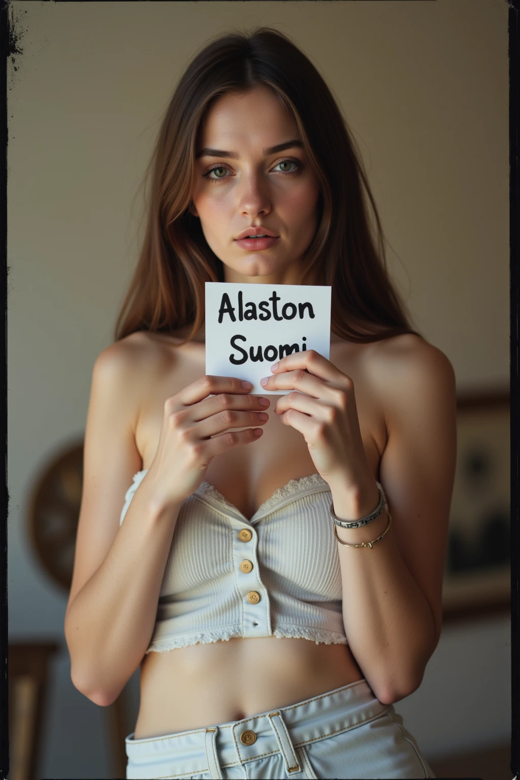 Pornographic magazine cover, young woman, 18yo, provocative position, medium breast, perfect body, black haired, blue eyes, legs raised