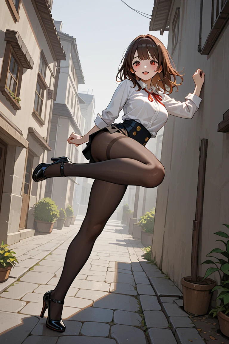 Bright color, fresh color, masterpiece, best quality, 8k, 4k, ultra-detailed, sharp details, (((look from below))), <lora:virtualgirlRin_v30:0.6> short hair, bangs, brown hair, bob hair, messy hair, (floating hair:1.4), brown eyes, medium breasts, choker, narrow waist, hoodie, open zipper hoodie, bra top, pleated mini skirt, glasses, semi-rimless eyewear, thigh band pantyhose, white panty, midriff, boots, thigh strap, embarrassed, blush, looking down, (city street view:1.5), (strong wind:1.6), (flying leaves:1.4)