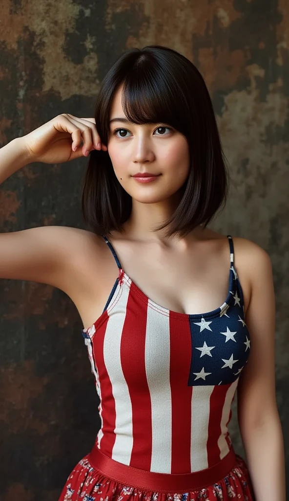 best quality, masterpiece, (realistic:1.2), 1 girl, 12 years old, rim lighting, beaming smile, brown ponytail hair with bangs, blue eyes, front, detailed face, beautiful eyes, oily skin, small breast, sweating a lot, stars and stripes flag bikini, underboob