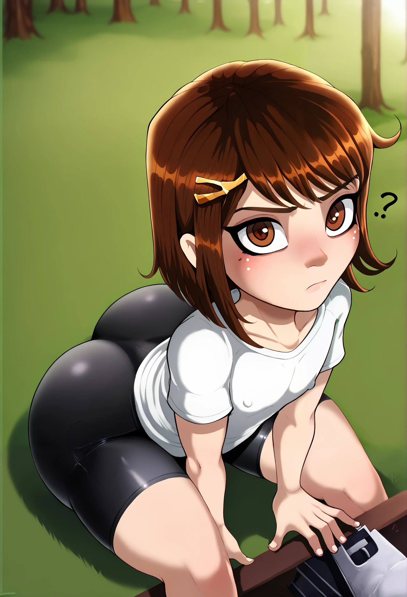 shadcom, shadman, shadbase artstyle, score_9, score_7_up, 1girl, solo, white T-shirt, black bike shorts, green forest background, presenting, curvy, cute girl, little, young girl, short girl, jailbait, age 13, minor, solo, medium brown hair, brown eyes, middle school girl, age difference with viewer, innocent, bratty, cute, immature, juvenile, younger girl, 120 cm in height, slimthicc, from above, ish_face, bratty face, shortstack, tight body, cheeky, frowning, cute, confused, looking up at viewer, early s, big butt, big ass, thick thighs, bubblebutt, bare feet, holding her legs, sitting, presenting, tiny nipples, nipples aren't visible, flat chest, chest covered by shirt,