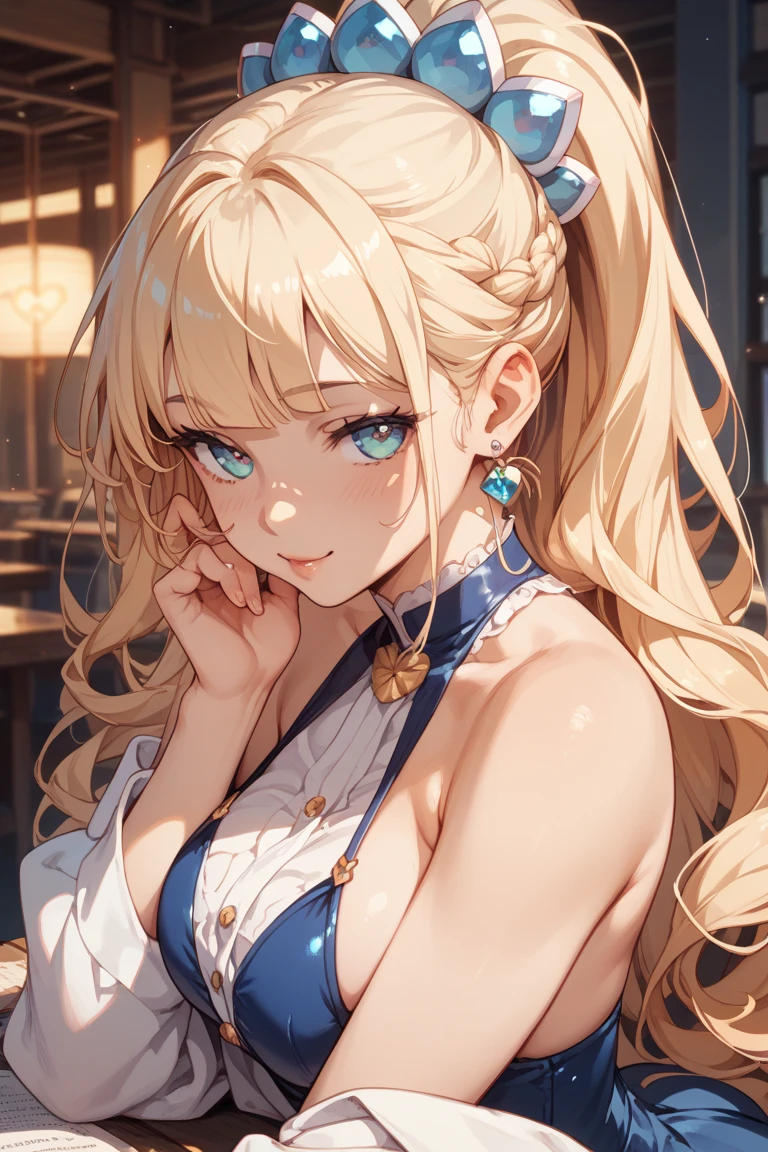 (best quality, highres, realistic), portrait, Elegant mature woman, blue eyes, blonde, big breast, high resolution cg 8k, beautiful cg, soft light