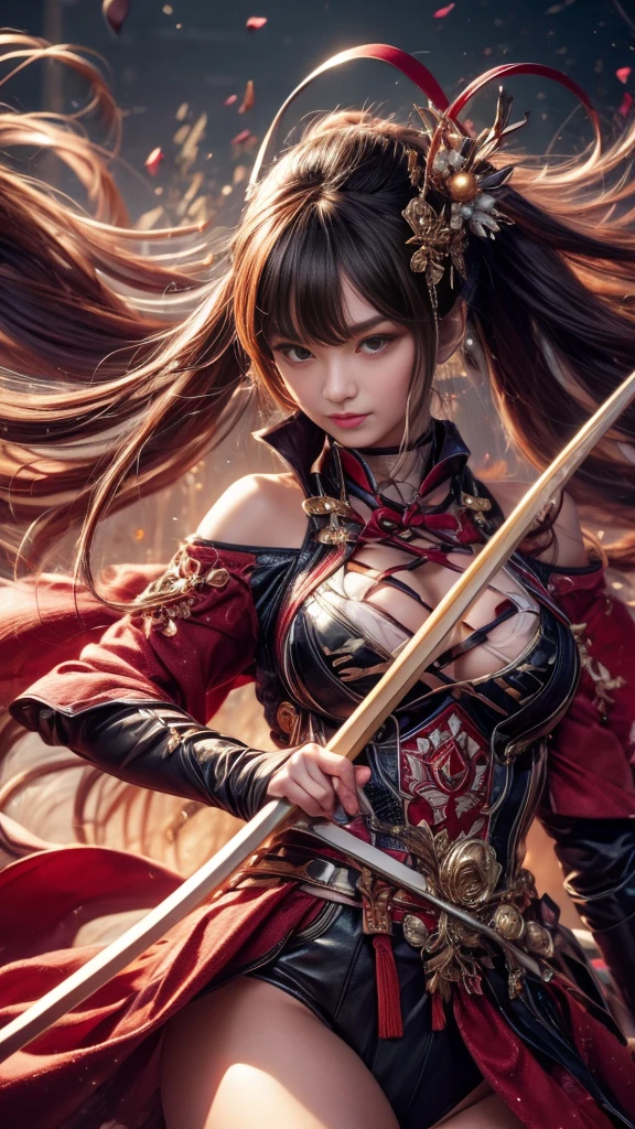 (((hunter beauty)))8k、Ultra-realistic details、An ultra-high picture quality、3d rendered、intelligent and beautiful profile、Holding a bow、Clothing with a wide open chest、supple waist curve、slender body、Super Wavy Hair、Bunching hair、Blur the background、