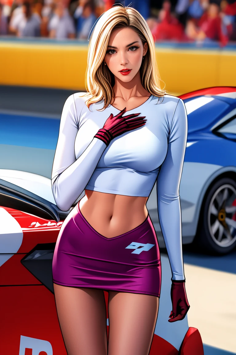 (​masterpiece), (top-quality), sunset, natural lights, ,(realistic:1.5), Sydney Sweeney as a Stunningly beautiful race queen, latex minidress, curvaceous, short_skirt, long_blonde hair, tanned, wearing a skintight top, cleavage, sexy, sensual, hazel eyes, smiling, sexy pose, athletic, looking at viewer, eye contact, stunningly beautiful 20 years old race queen, sunset, detailed pitlane in background, sportcars in background, detailed formula 1 paddock in background, dynamic pose, action pose,alluring, seductive_pose, natural lights, cleavage, athletic body, medium breasts, upper body, mid shot, masterpiece, detailed, mature, bright colors, high saturation, stunningly beautiful girl, precise hands, determined expression, serious, courageous, brave, Clear eyes, Shining eyes,, ultra-definition, Top resolution,  soft lightning