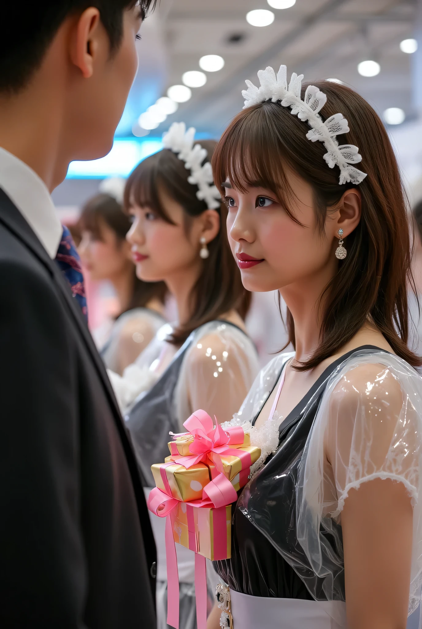 One、beautiful medium long hairstyle at the exhibition store、beautiful Japanese woman dressed up as a sexy maid with、are covered with plastic and gift bows, They are all、standing without showing emotion at the camera., and a man wearing suits and ties in front of them are watching them, Great lighting , Ultra-realistic image quality