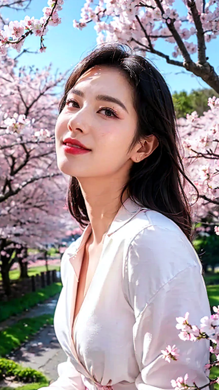 ((highest quality)), ((8K)), ((masterpiece: 1.3)), (perfect appearance), (photorealism: 1.6), (RI), (Mature woman looking up at the cherry blossom tree), perfect anatomy, ((Age 65)), (I'm looking up at the cherry blossoms blooming on the trees), ((white blouse)), ((lipstick, eyeshadow, eyeliner)), ((gentle smile)), (Upper body of a mature woman), (River edge lined with cherry blossom trees),