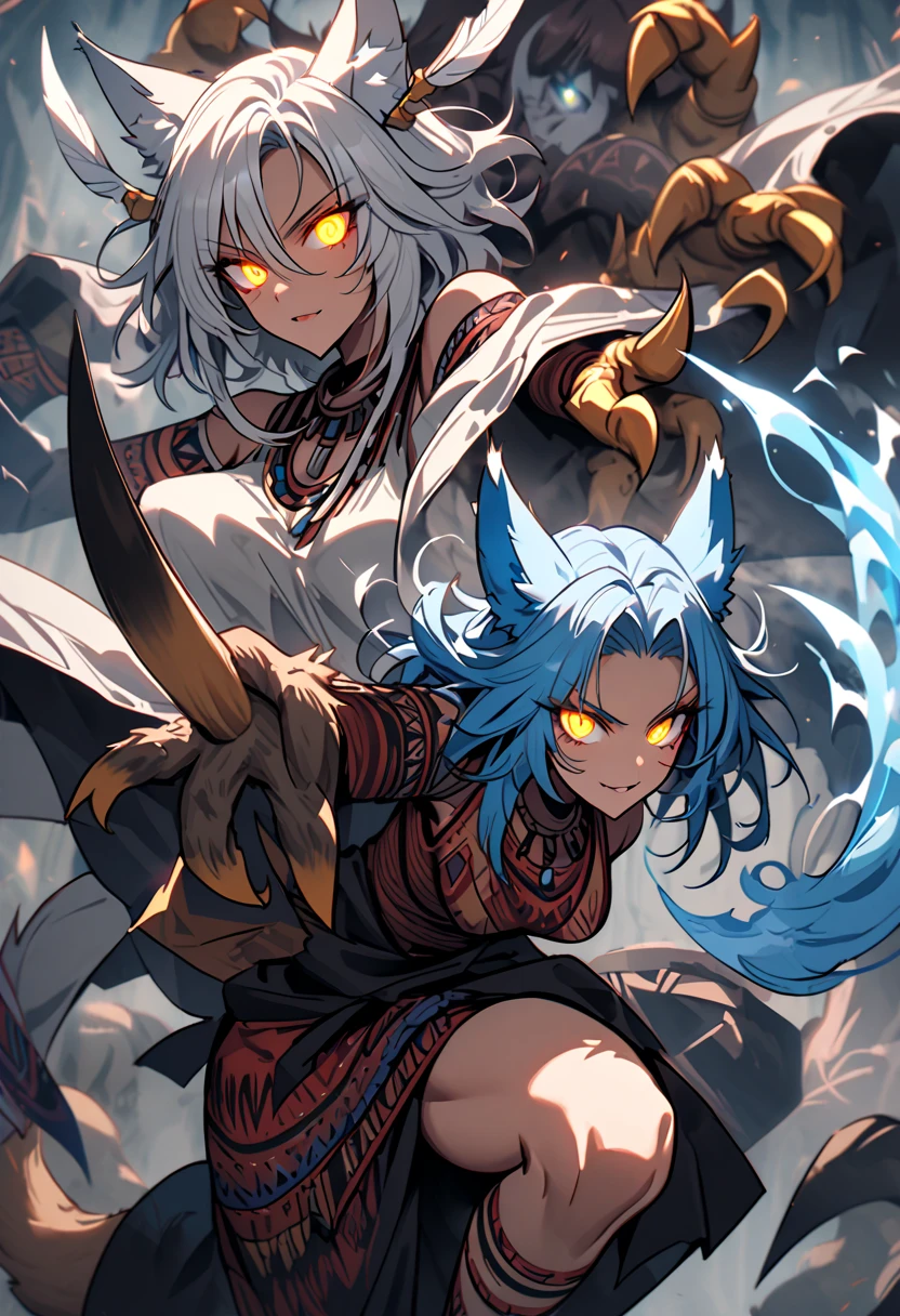 Kitsune 9 tails, add high definition_detail:1, blue fur,kitsune ears, tribal tattoo add_detail:1, in hell add_detail, batwigns add_detail Fer yokai kitsune.
