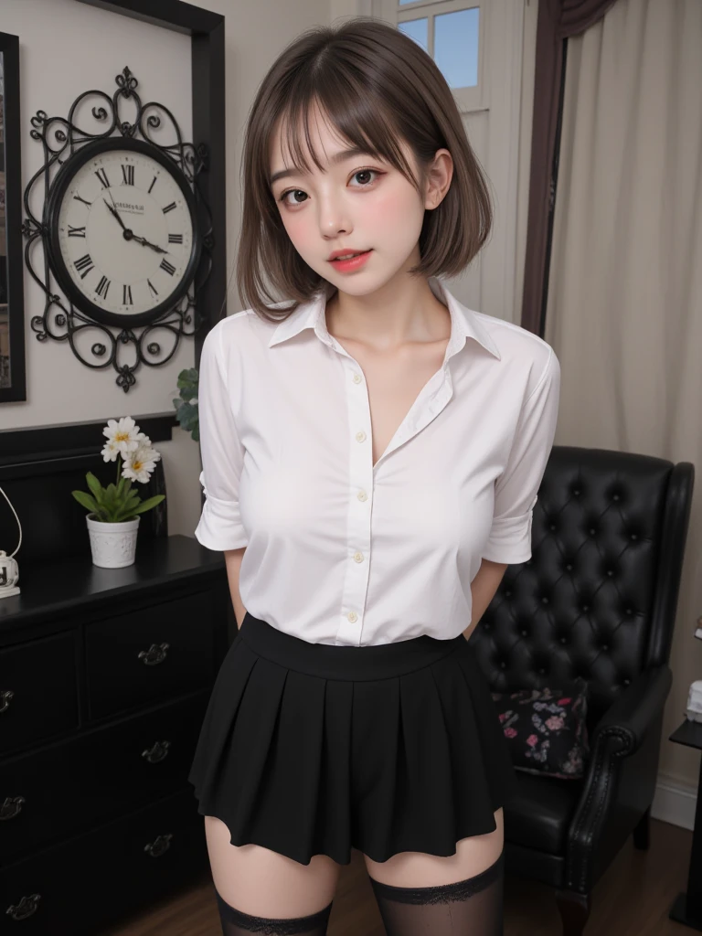 Ultra-high resolution,(reality: 1.4),Highest quality, masterpiece, High detail, 16K quality, beautiful, 1 beautiful girl,Japanese,super beautiful face,Baby Face,Japanese idol face,Cute face,Highly detailed face,Detailed hands,beautiful skin,Shiny skin,Big eyes,Big smile,Professional Lighting,Face Light,(Sitting with your knees up),((Spread your legs)),Check skirt,Skirt flip,((No panties:1.3)),White shirt,Open shirt,Knee-high socks,Medium chest,short hair, Black Hair,brown beautiful eyes, Browsing Caution,She is looking at the camera,classroom,