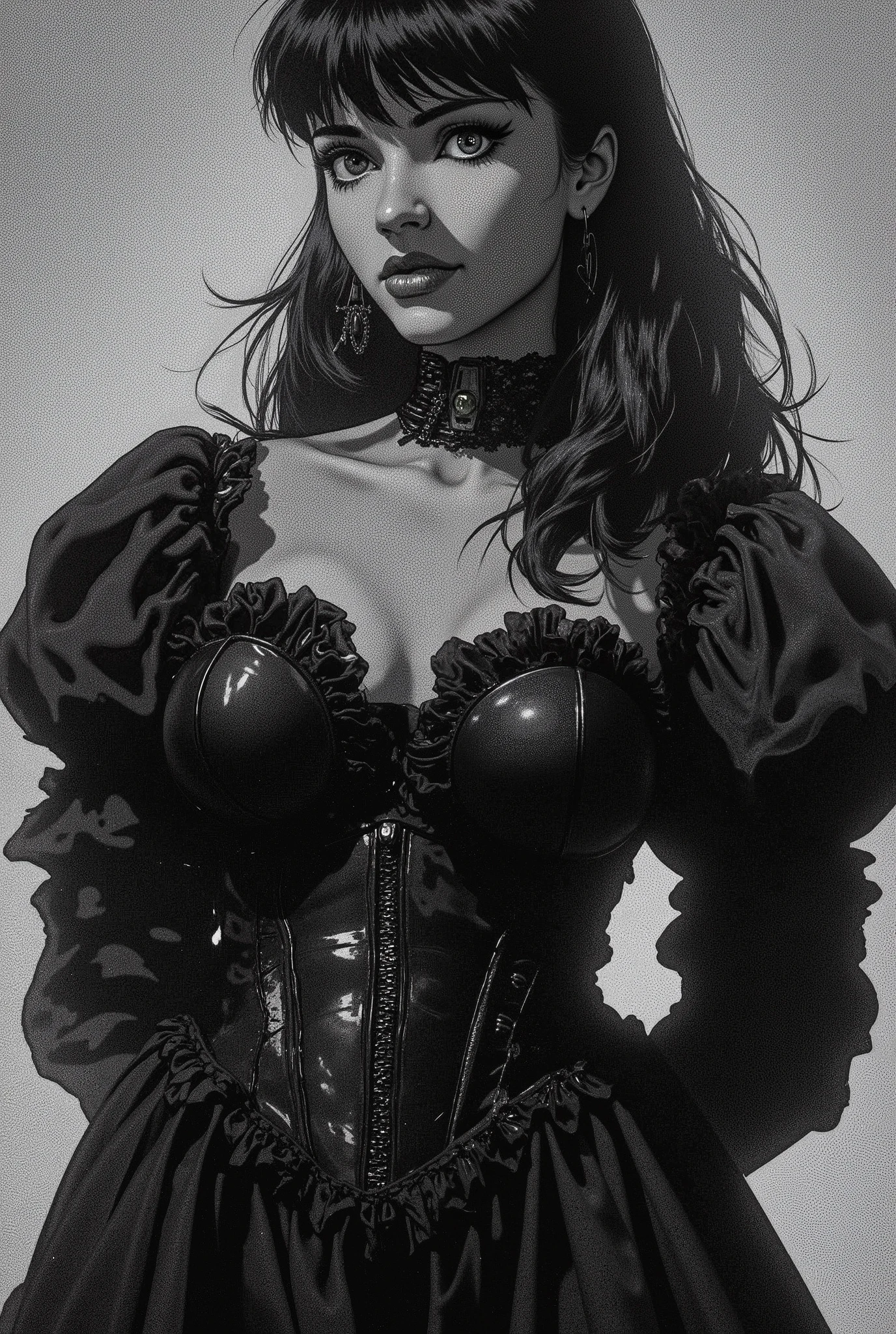 (masterpiece, best quality, perfect hourglass figure, wide waist, blush), busty, portrait, Misty beauty perfect face, flawless eyes, empty gradient background, beautiful lips, full lips, (arms behind back), perfect waist, cowboy shot, perfect hips,, wide smile, sanpaku, concave bangs, round pupils, evil eyes, tanline, dark skin, brown skin, Misty hair, huge breasts, saggy breasts, Gwen Stacy hair, GothGal, wearing a GothGal outfi, dress, frills, Misty, oiled , gothic makeup,