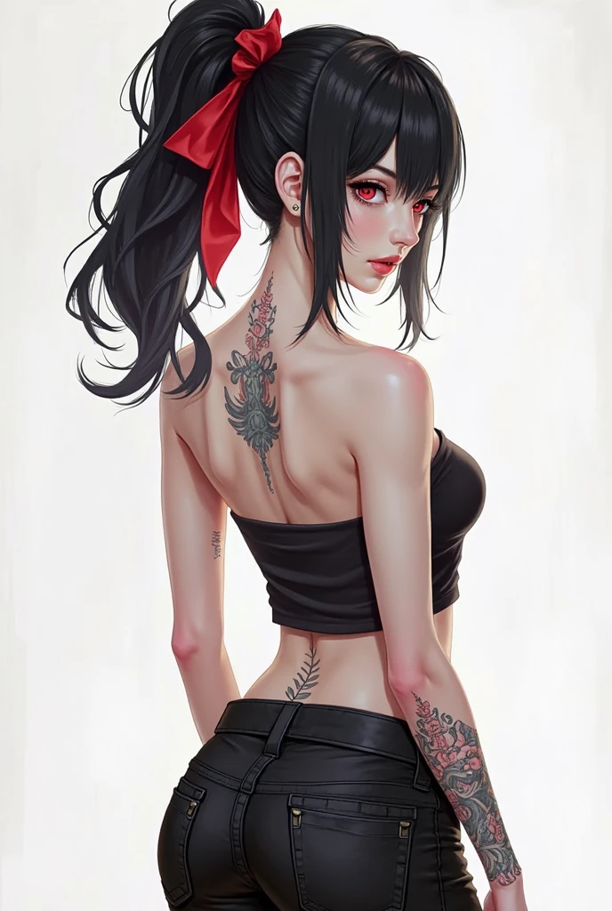DigiArt Style, 1girl, solo, looking at viewer, long hair, monochrome, greyscale, earrings, red lips, BREAK, deep green eyes, petals, eyelashes, ((tattoo)), makeup, watermark, BREAK dance floor, large ass, large breasts, from behind, upper body, (butt crack:1.5), GS-Girlish