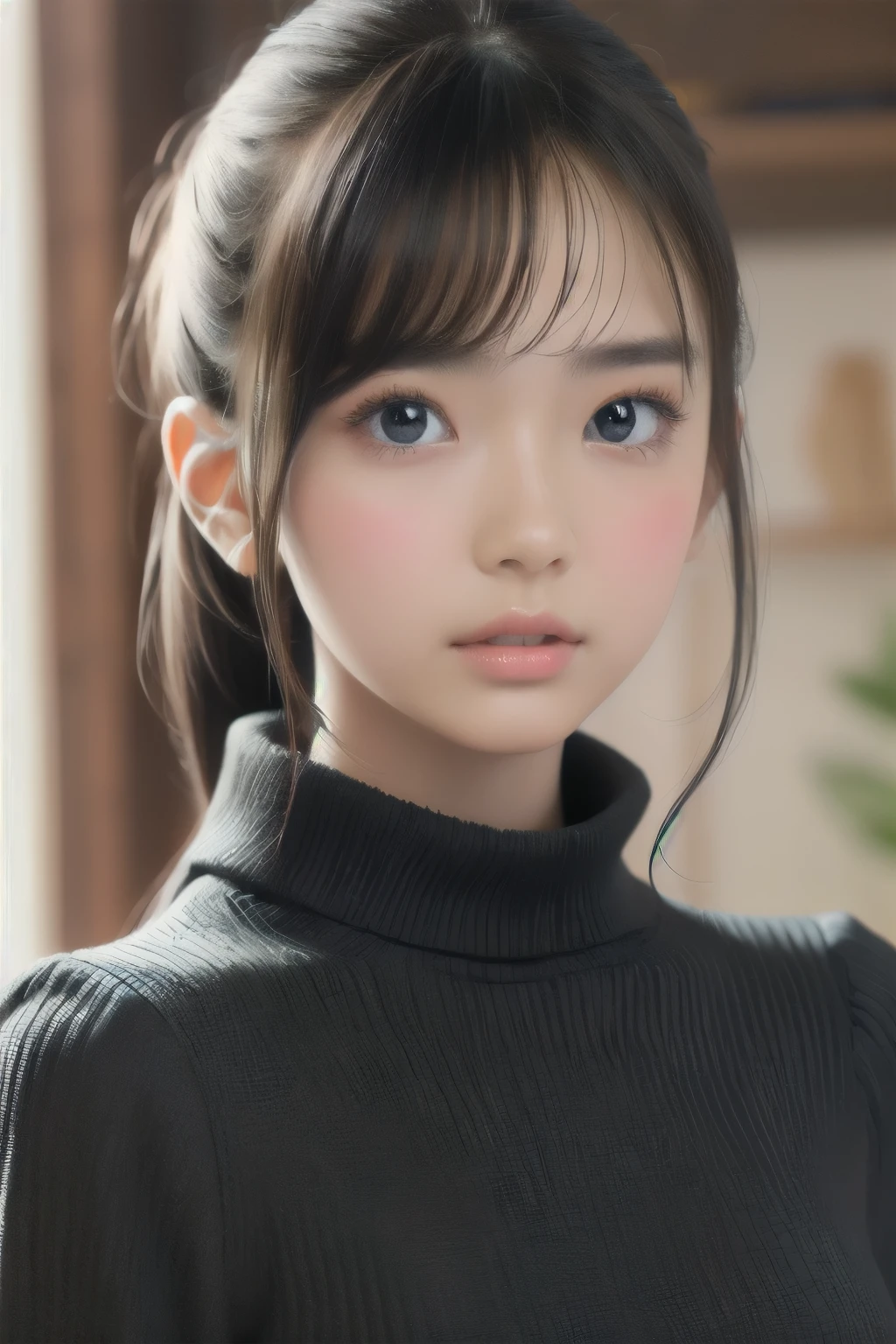 A close up of a woman with a black turtle neck sweater - SeaArt AI
